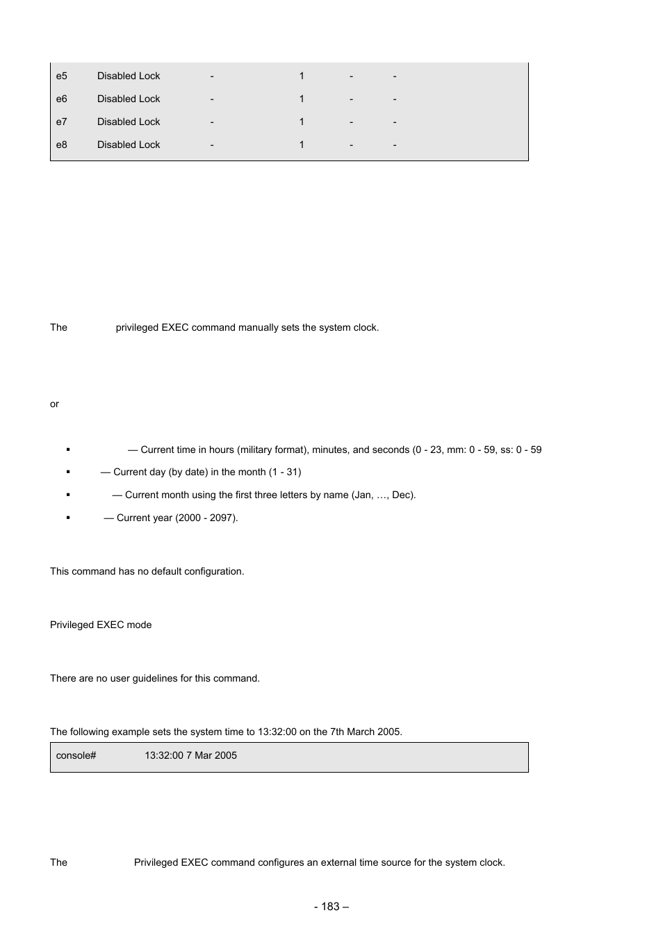 1 clock set, 2 clock source, 5 clock commands | Planet Technology WGSD-8000 User Manual | Page 183 / 382
