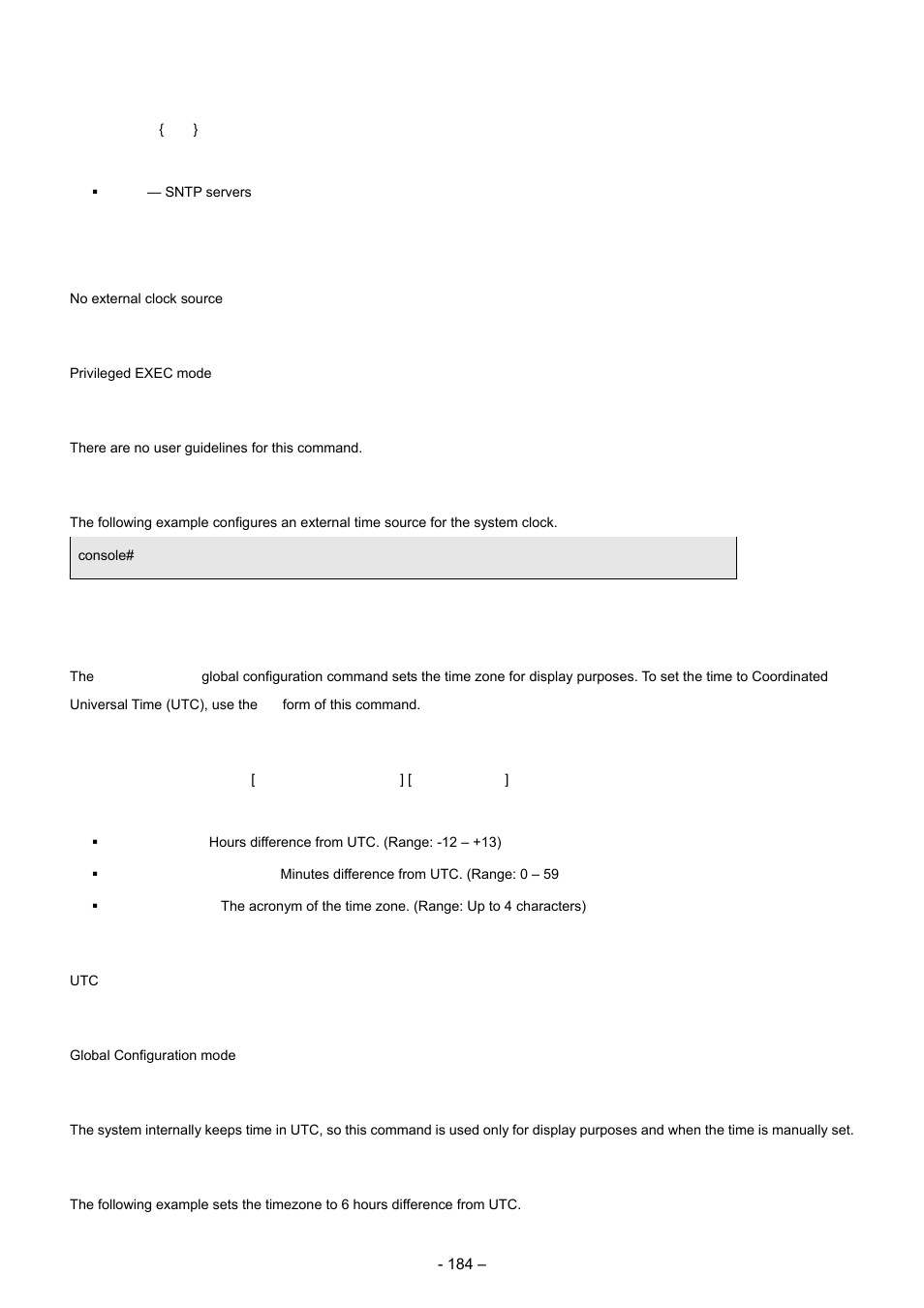 3 clock timezone, Syntax, Default configuration | Command mode, User guidelines, Examples | Planet Technology WGSD-8000 User Manual | Page 184 / 382