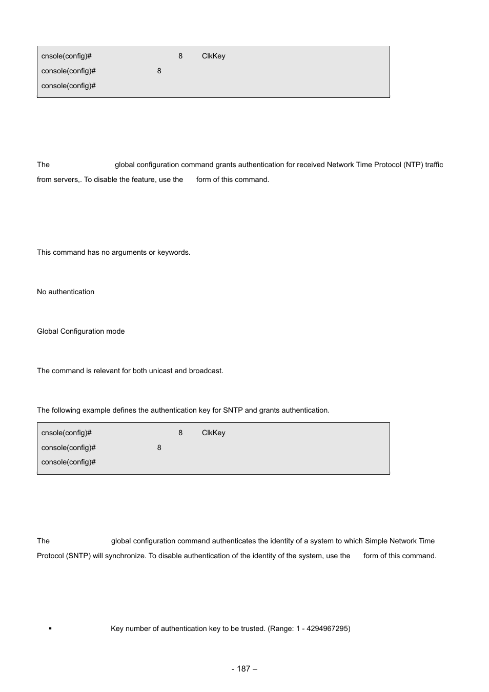 6 sntp authenticate, 7 sntp trusted-key, Syntax | Default configuration, Command mode, User guidelines, Examples | Planet Technology WGSD-8000 User Manual | Page 187 / 382