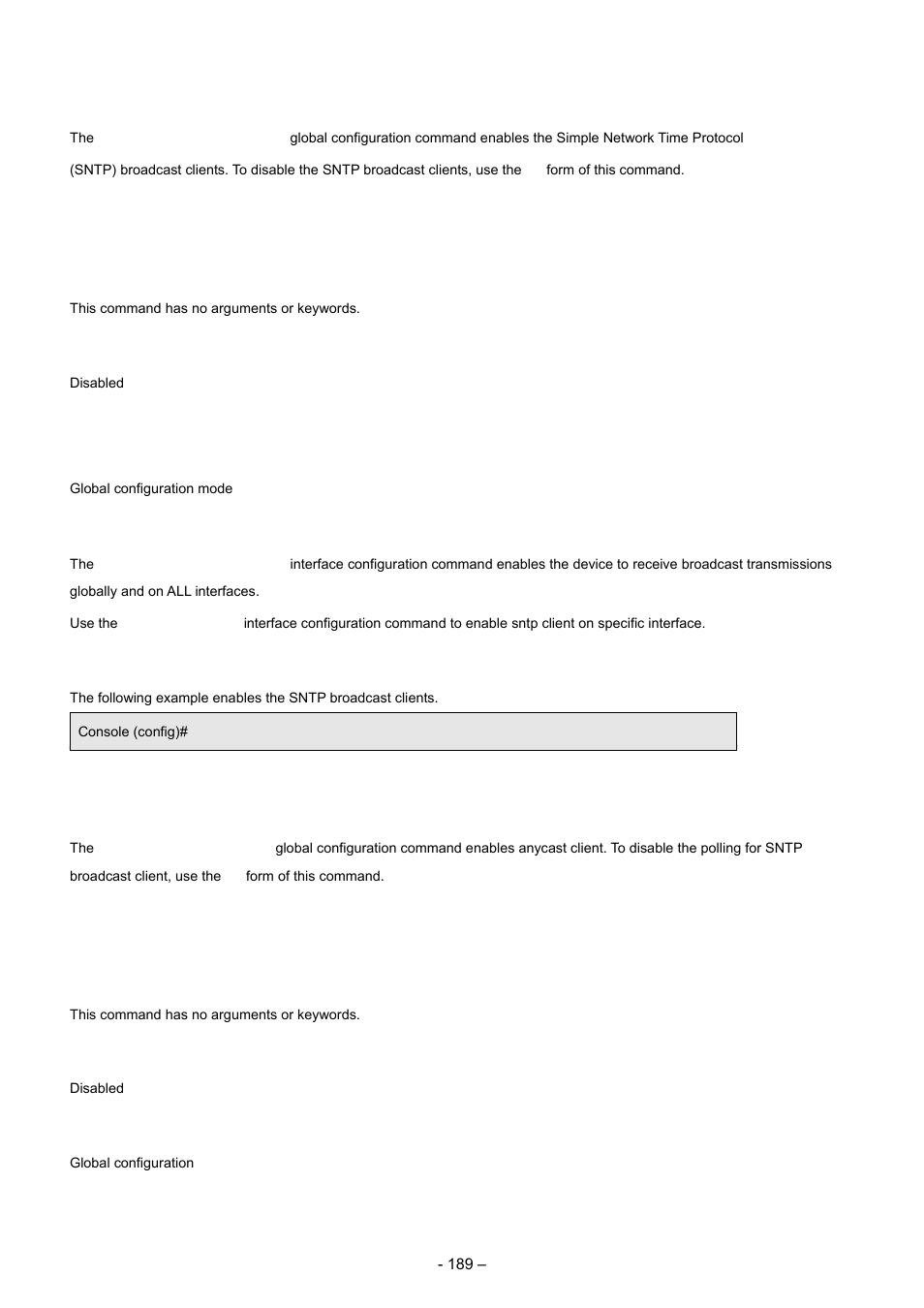 9 sntp broadcast client enable, 10 sntp anycast client enable | Planet Technology WGSD-8000 User Manual | Page 189 / 382