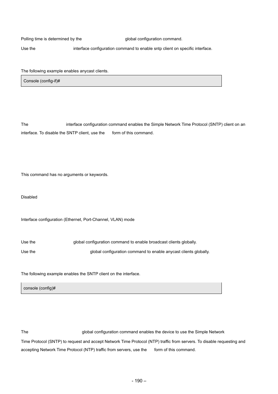 11 sntp client enable (interface), 12 sntp unicast client enable, User guidelines | Examples, Syntax, Default configuration, Command mode | Planet Technology WGSD-8000 User Manual | Page 190 / 382