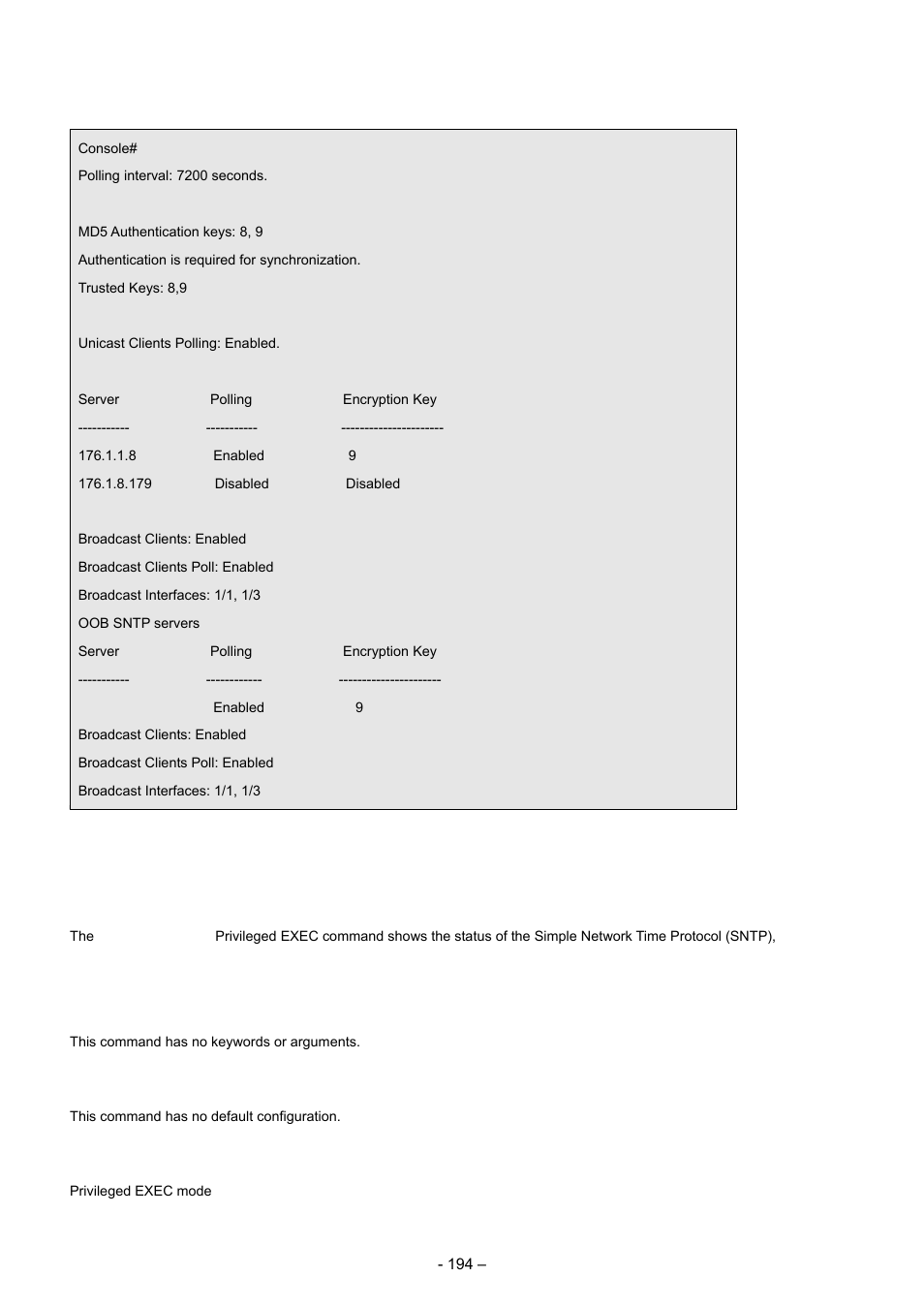 17 show sntp status, Examples, Syntax | Default configuration, Command mode | Planet Technology WGSD-8000 User Manual | Page 194 / 382