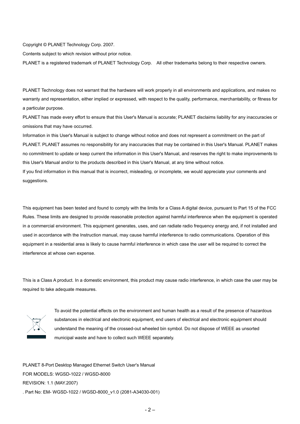 Trademarks, Disclaimer, Fcc warning | Ce mark warning, Weee warning, Revision | Planet Technology WGSD-8000 User Manual | Page 2 / 382