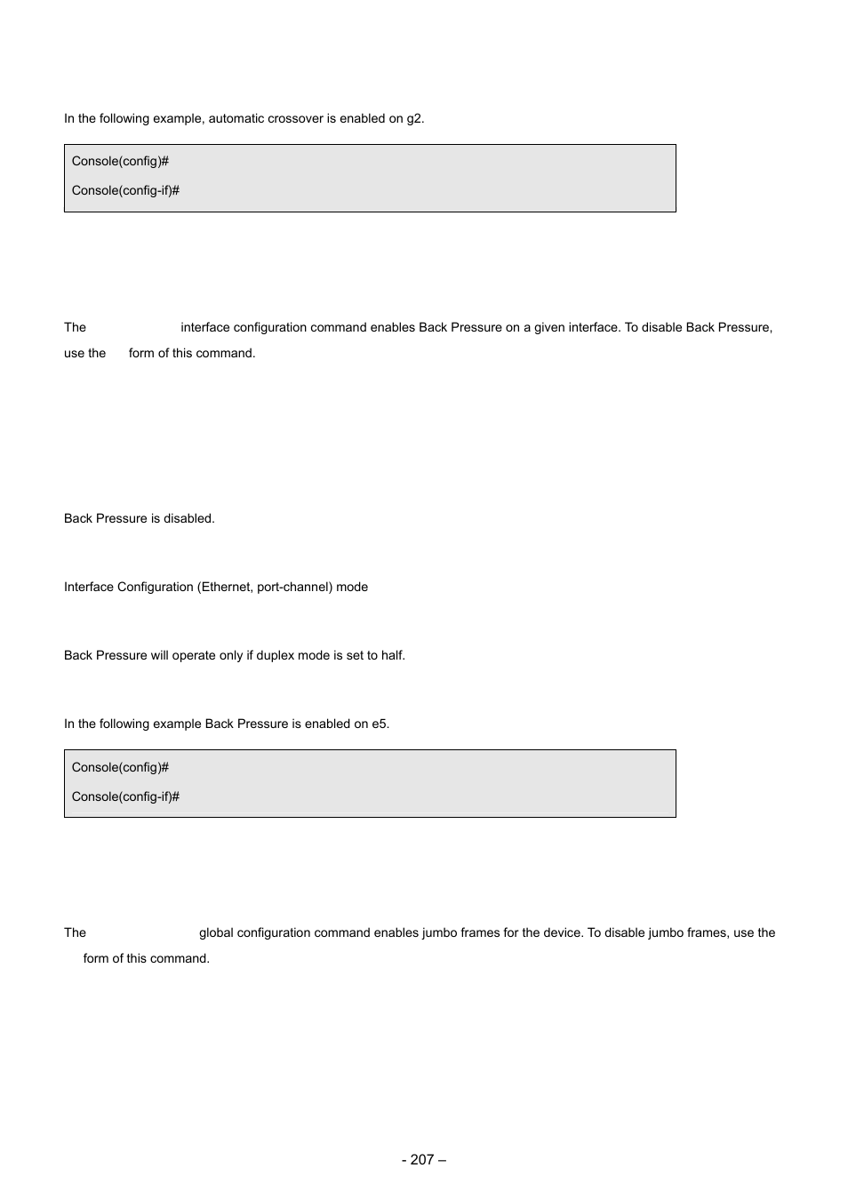 10 back-pressure, 11 port jumbo-frame, Example | Syntax, Default configuration, Command mode, User guidelines | Planet Technology WGSD-8000 User Manual | Page 207 / 382