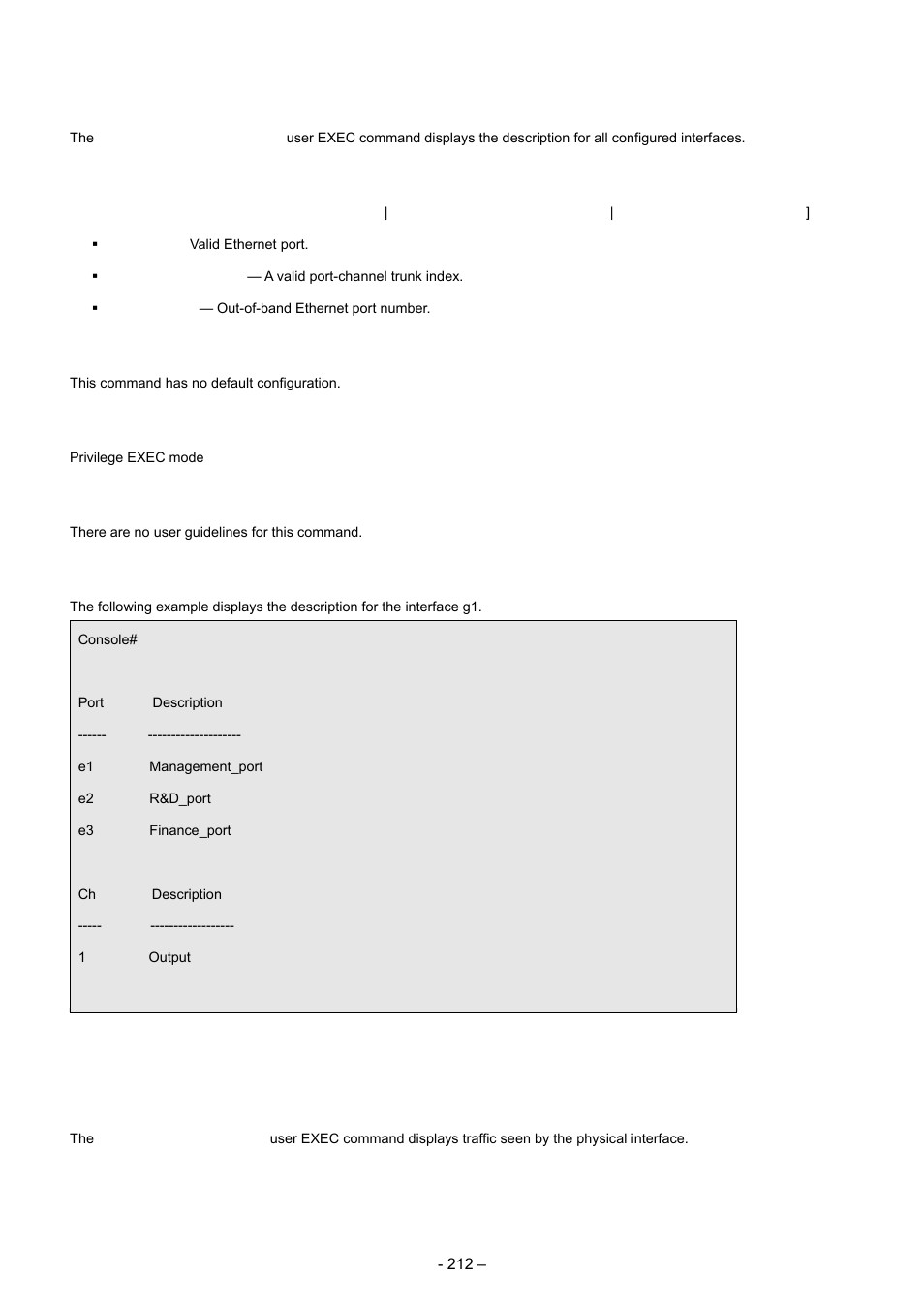 16 show interfaces description, 17 show interfaces counters, Syntax | Default configuration, Command modes, User guidelines, Example | Planet Technology WGSD-8000 User Manual | Page 212 / 382