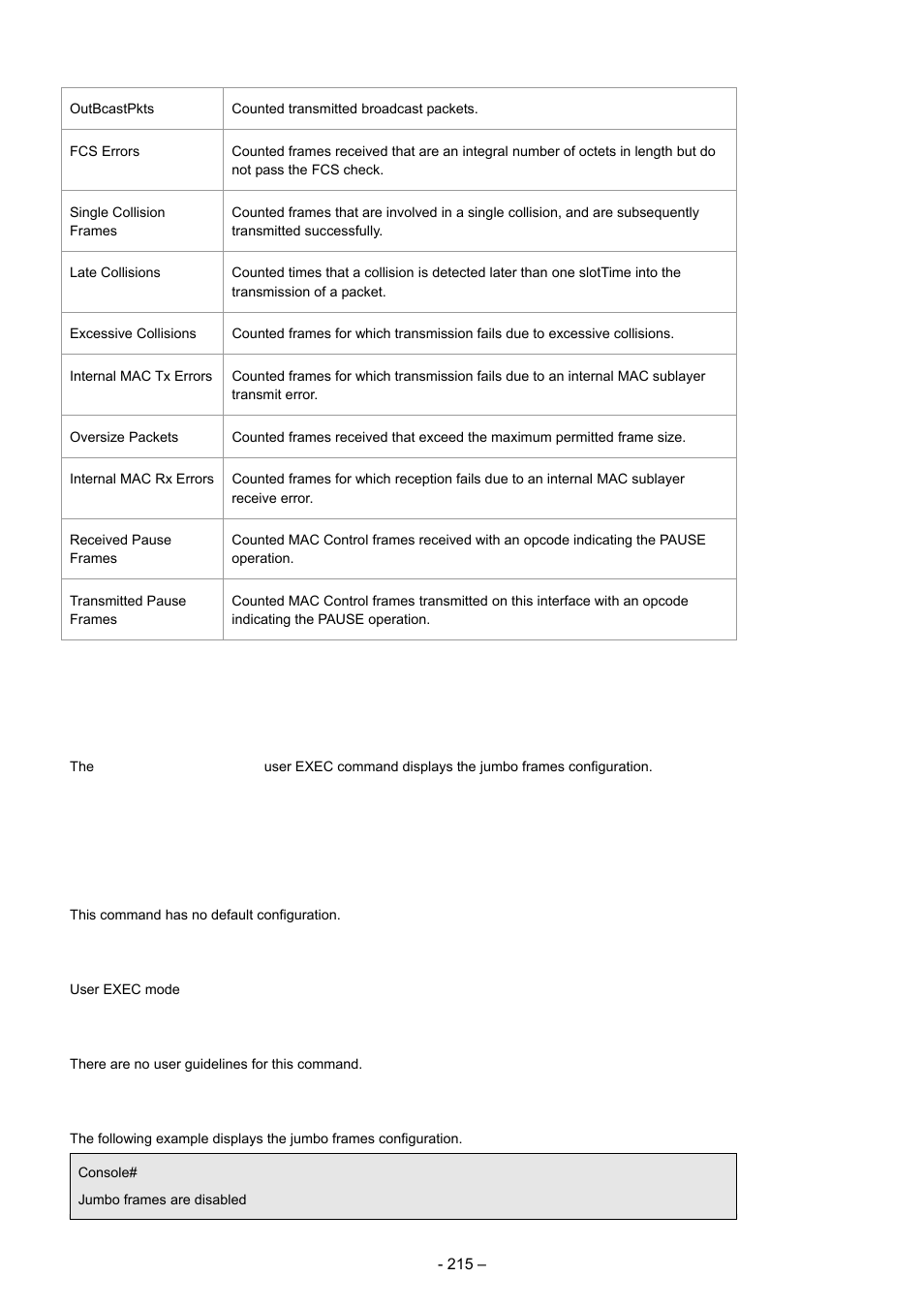 18 show ports jumbo-frame, Syntax, Default configuration | Command modes, User guidelines, Example | Planet Technology WGSD-8000 User Manual | Page 215 / 382