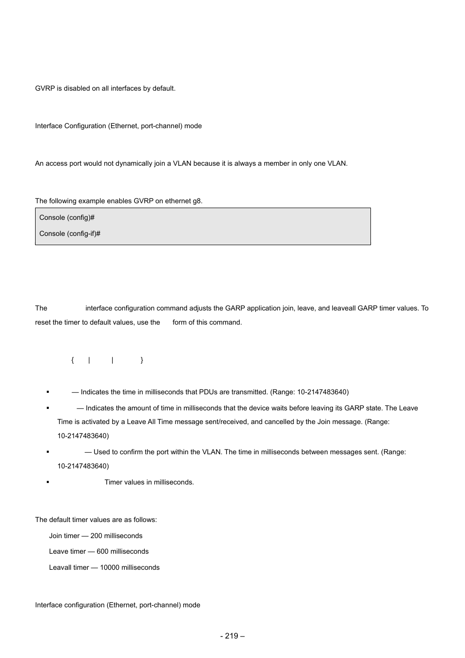 3 garp timer, Default configuration, Command mode | User guidelines, Example, Syntax | Planet Technology WGSD-8000 User Manual | Page 219 / 382