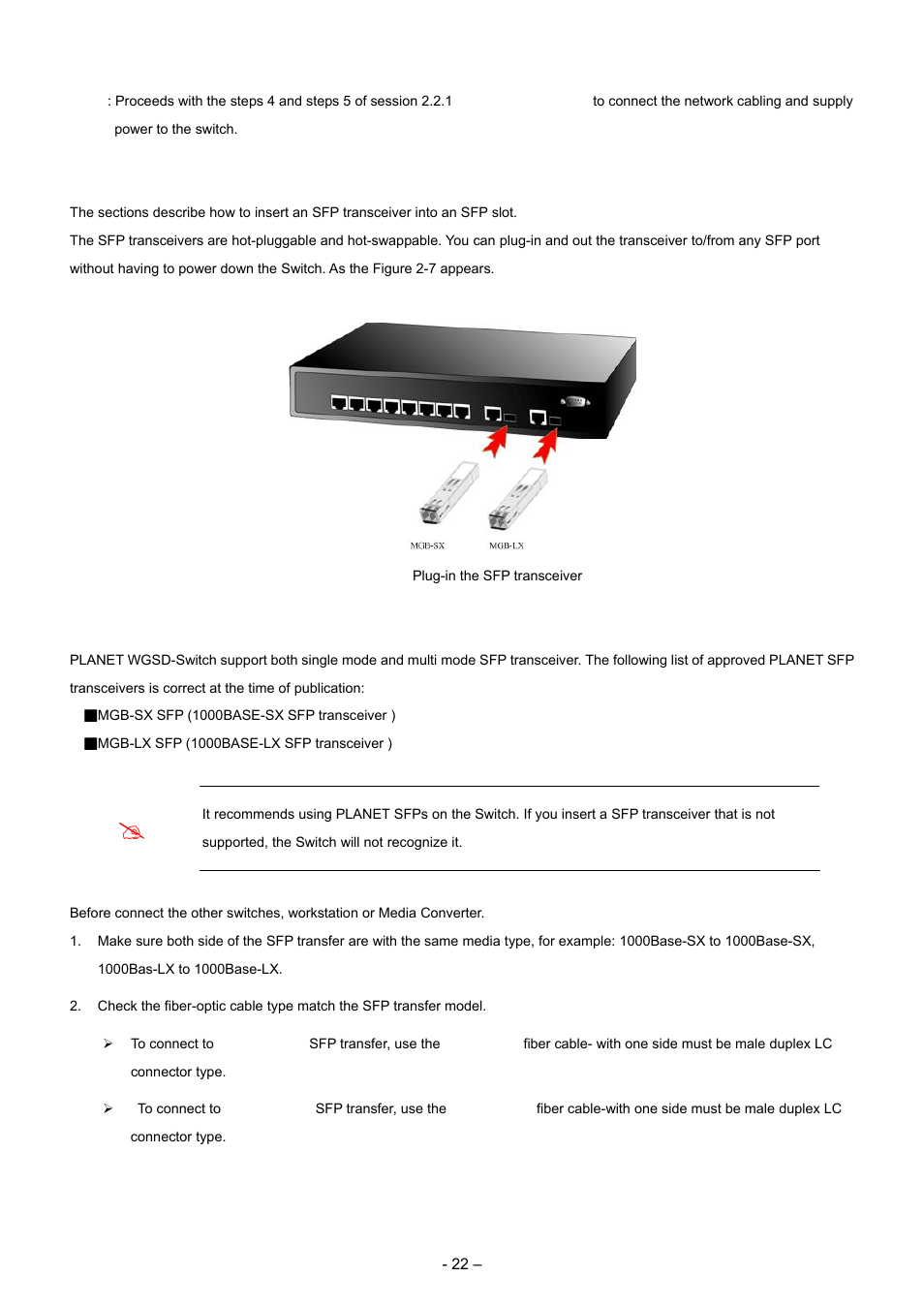 3 installing the sfp transceiver | Planet Technology WGSD-8000 User Manual | Page 22 / 382