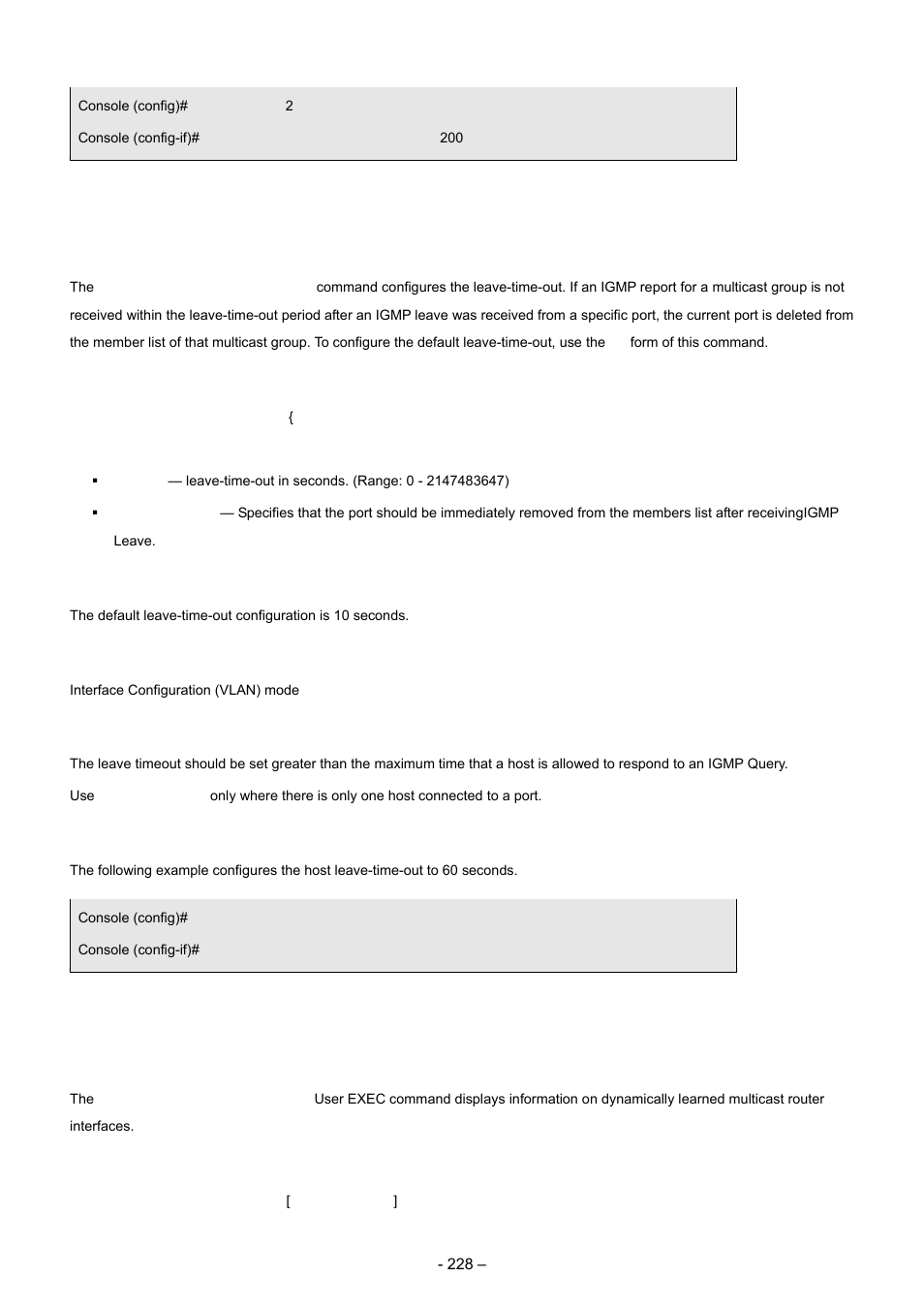 6 ip igmp snooping leave-time-out, 7 show ip igmp snooping mrouter, Syntax | Default configuration, Command mode, User guidelines, Example | Planet Technology WGSD-8000 User Manual | Page 228 / 382