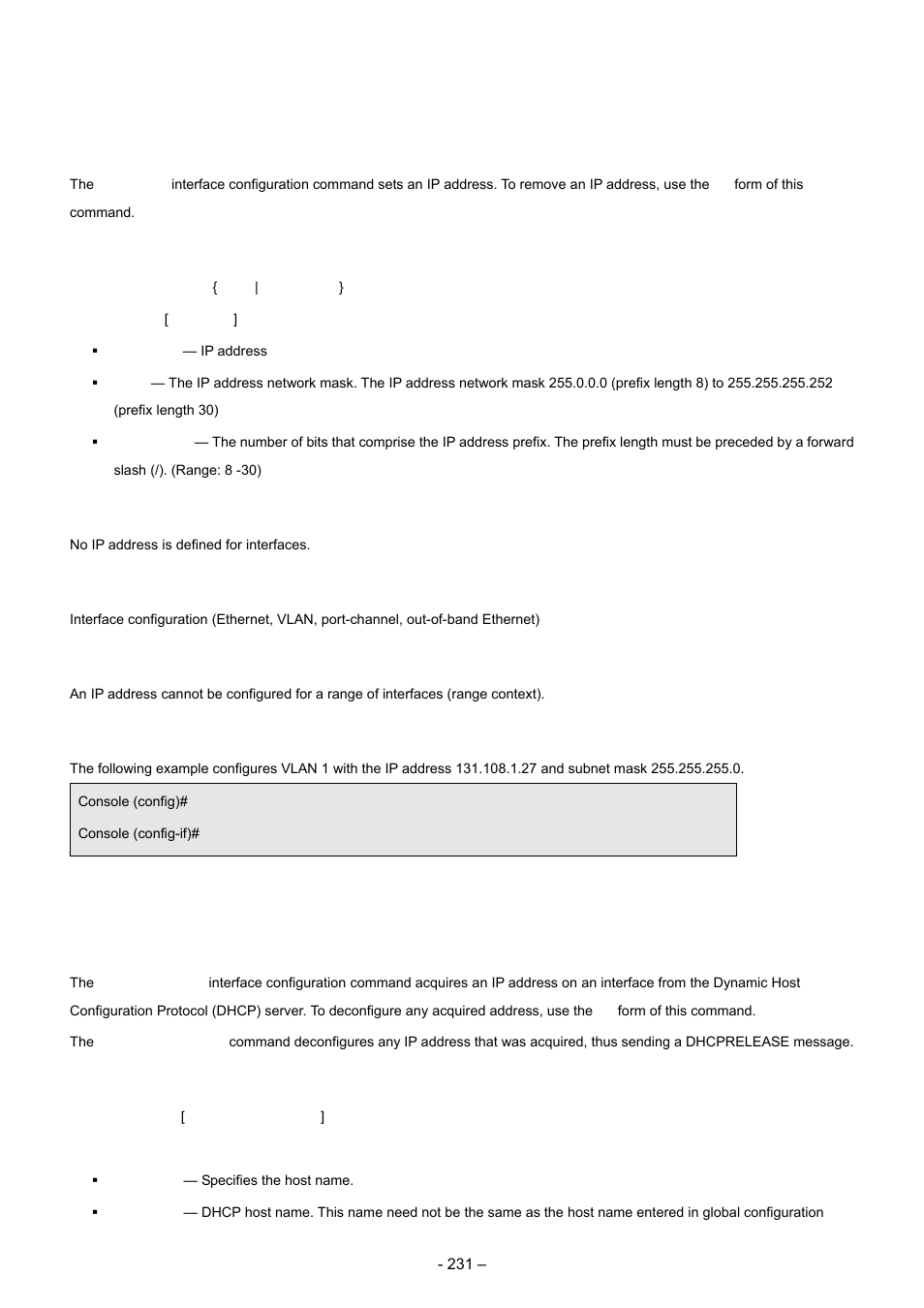 10 ip addressing commands, 1 ip address, 2 ip address dhcp | Syntax, Default configuration, Command mode, User guidelines, Example | Planet Technology WGSD-8000 User Manual | Page 231 / 382