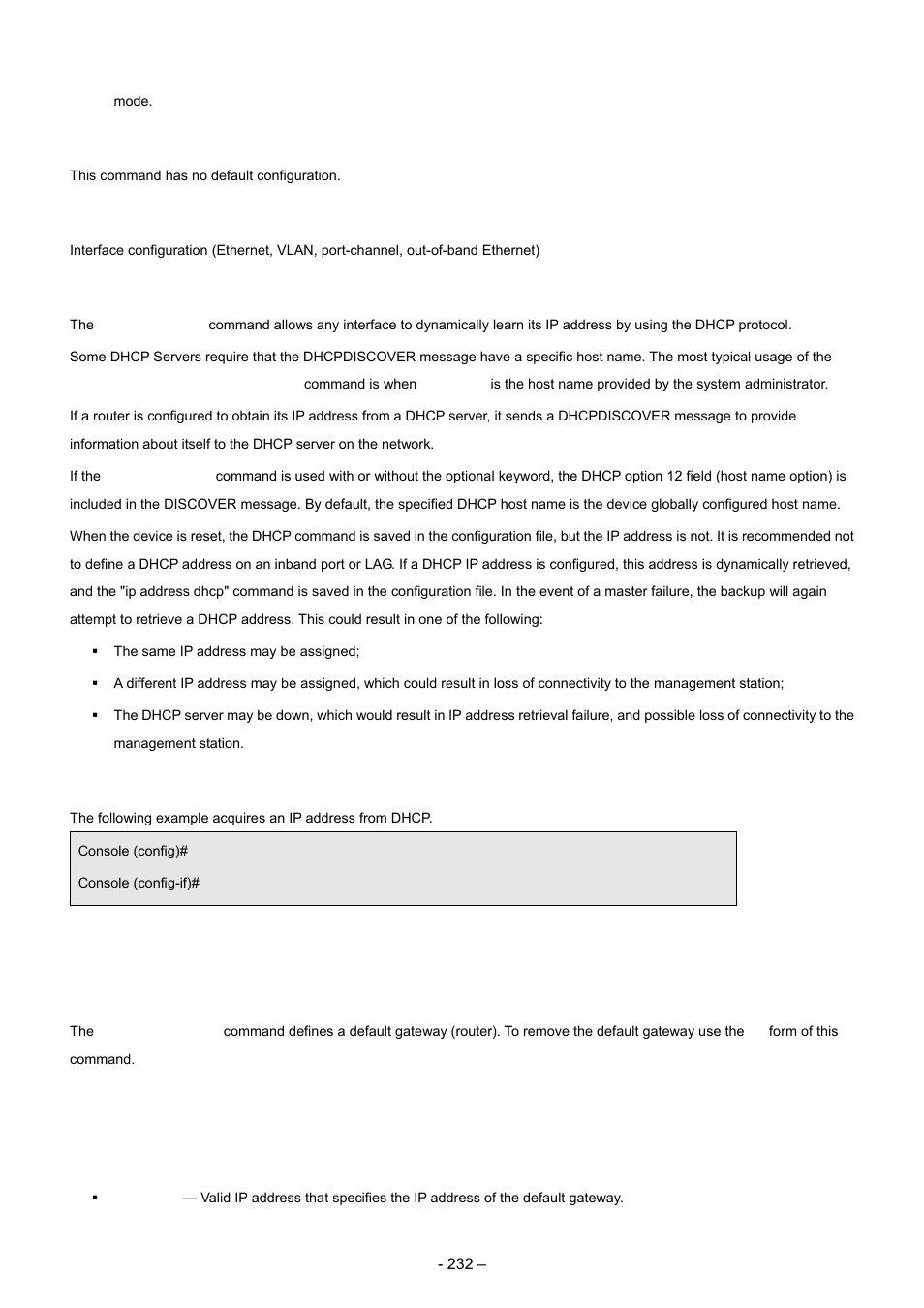 3 ip default-gateway, Default configuration, Command mode | User guidelines, Example, Syntax | Planet Technology WGSD-8000 User Manual | Page 232 / 382