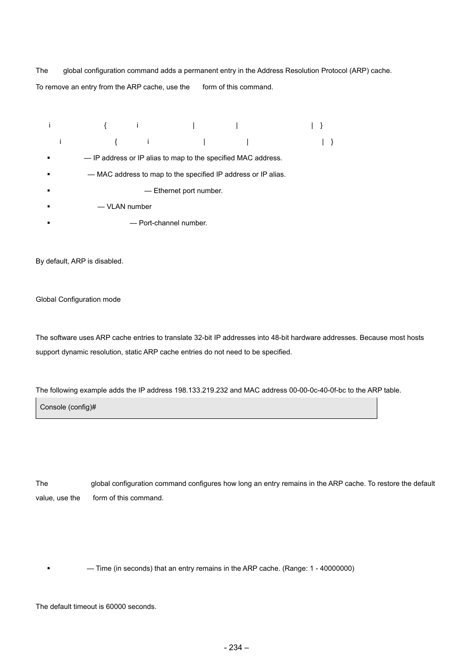 5 arp, 6 arp timeout, Syntax | Default configuration, Command mode, User guidelines, Example | Planet Technology WGSD-8000 User Manual | Page 234 / 382