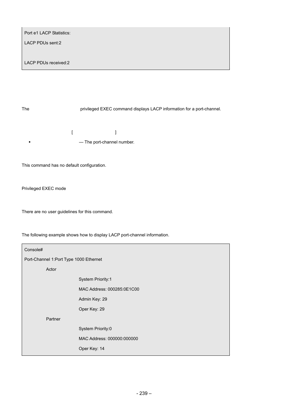5 show lacp port-channel, Syntax, Default configuration | Command mode, User guidelines, Example | Planet Technology WGSD-8000 User Manual | Page 239 / 382