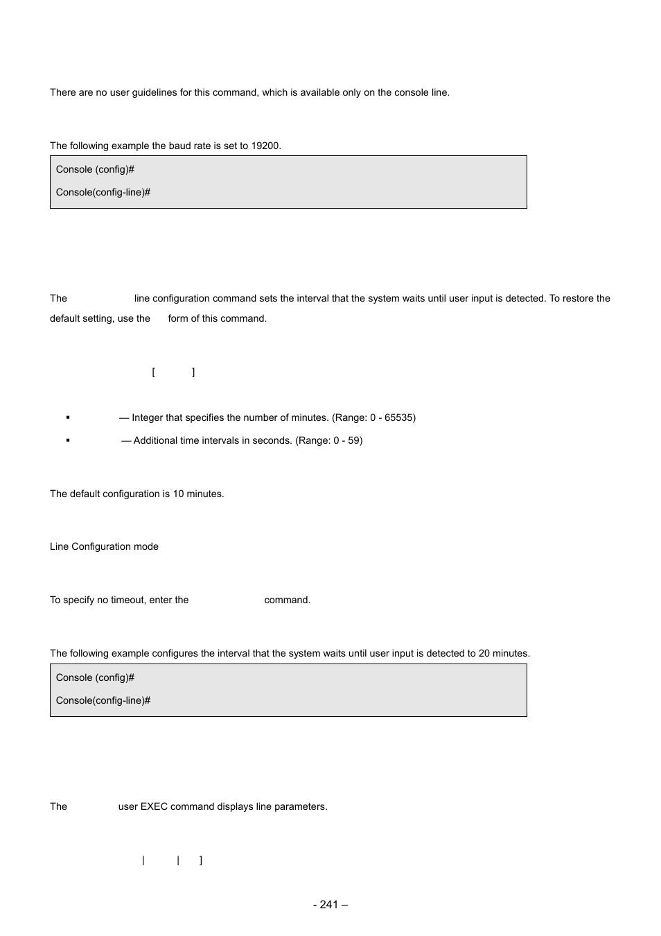 3 exec-timeout, 4 show line, User guidelines | Examples, Syntax, Default configuration, Command mode | Planet Technology WGSD-8000 User Manual | Page 241 / 382
