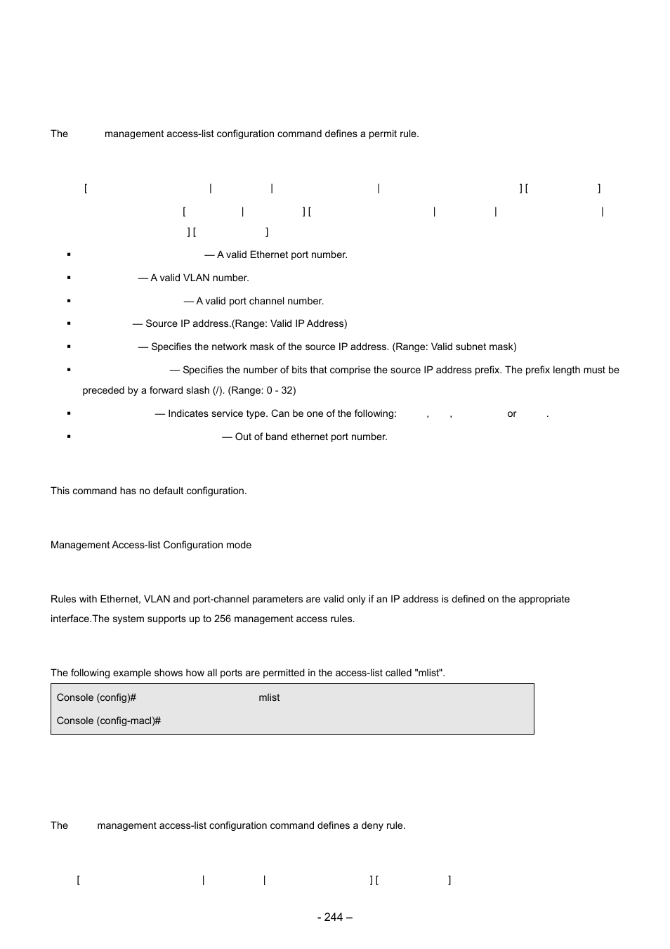 2 permit (management), 3 deny (management), Syntax | Default configuration, Command mode, User guidelines, Example | Planet Technology WGSD-8000 User Manual | Page 244 / 382