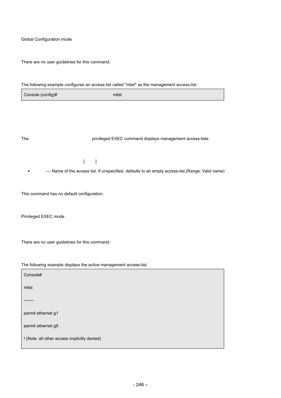 5 show management access-list, User guidelines, Command mode | Example, Syntax, Default configuration | Planet Technology WGSD-8000 User Manual | Page 246 / 382