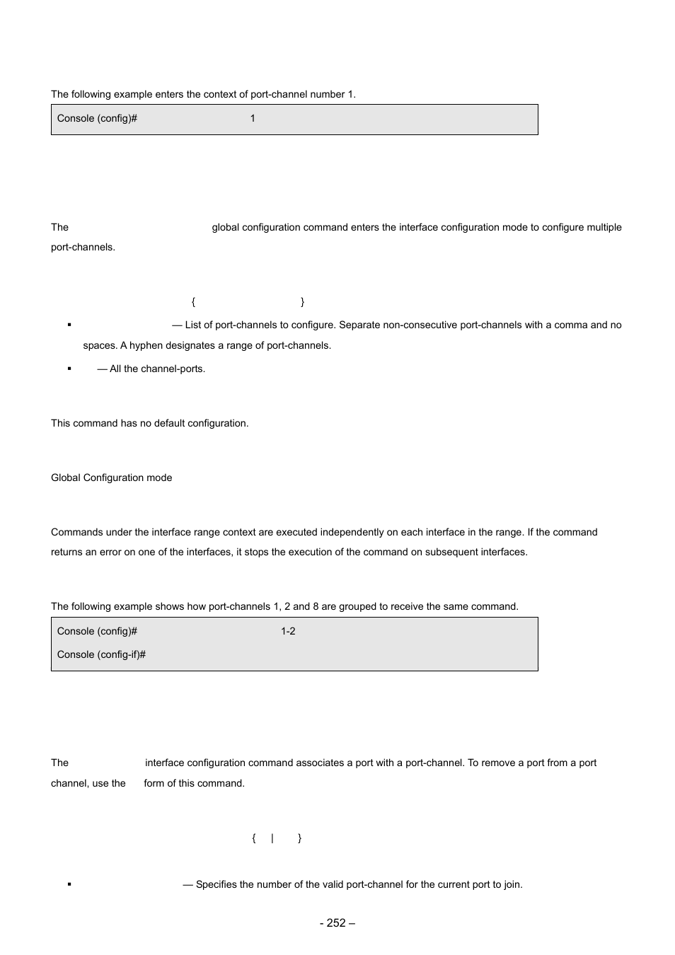 2 interface range port-channel, 3 channel-group, Example | Syntax, Default configuration, Command mode, User guidelines | Planet Technology WGSD-8000 User Manual | Page 252 / 382