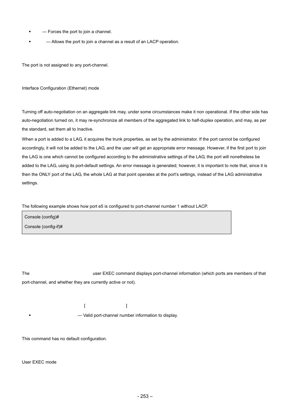 4 show interfaces port-channel, Default configuration, Command mode | User guidelines, Example, Syntax | Planet Technology WGSD-8000 User Manual | Page 253 / 382