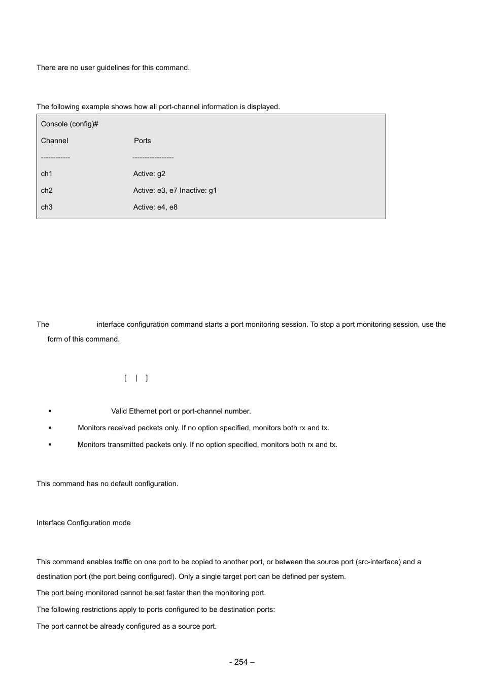 16 port monitor commands, 1 port monitor, User guidelines | Example, Syntax, Default configuration, Command mode | Planet Technology WGSD-8000 User Manual | Page 254 / 382