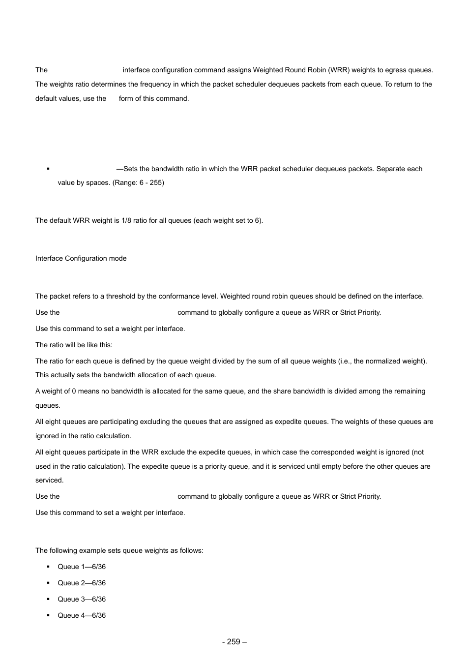4 wrr-queue bandwidth, Syntax, Default configuration | Command mode, User guidelines, Example | Planet Technology WGSD-8000 User Manual | Page 259 / 382