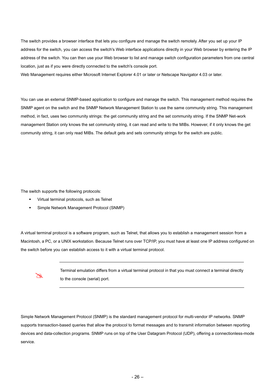 2 web management, 3 snmp-based network management, 4 protocols | 1 virtual terminal protocols, 2 snmp protocol | Planet Technology WGSD-8000 User Manual | Page 26 / 382