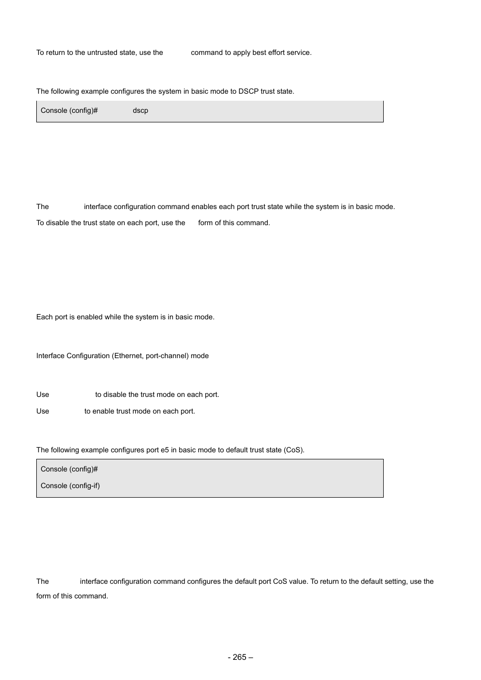 9 qos trust (interface), 10 qos cos, Example | Syntax, Default configuration, Command mode, User guidelines | Planet Technology WGSD-8000 User Manual | Page 265 / 382