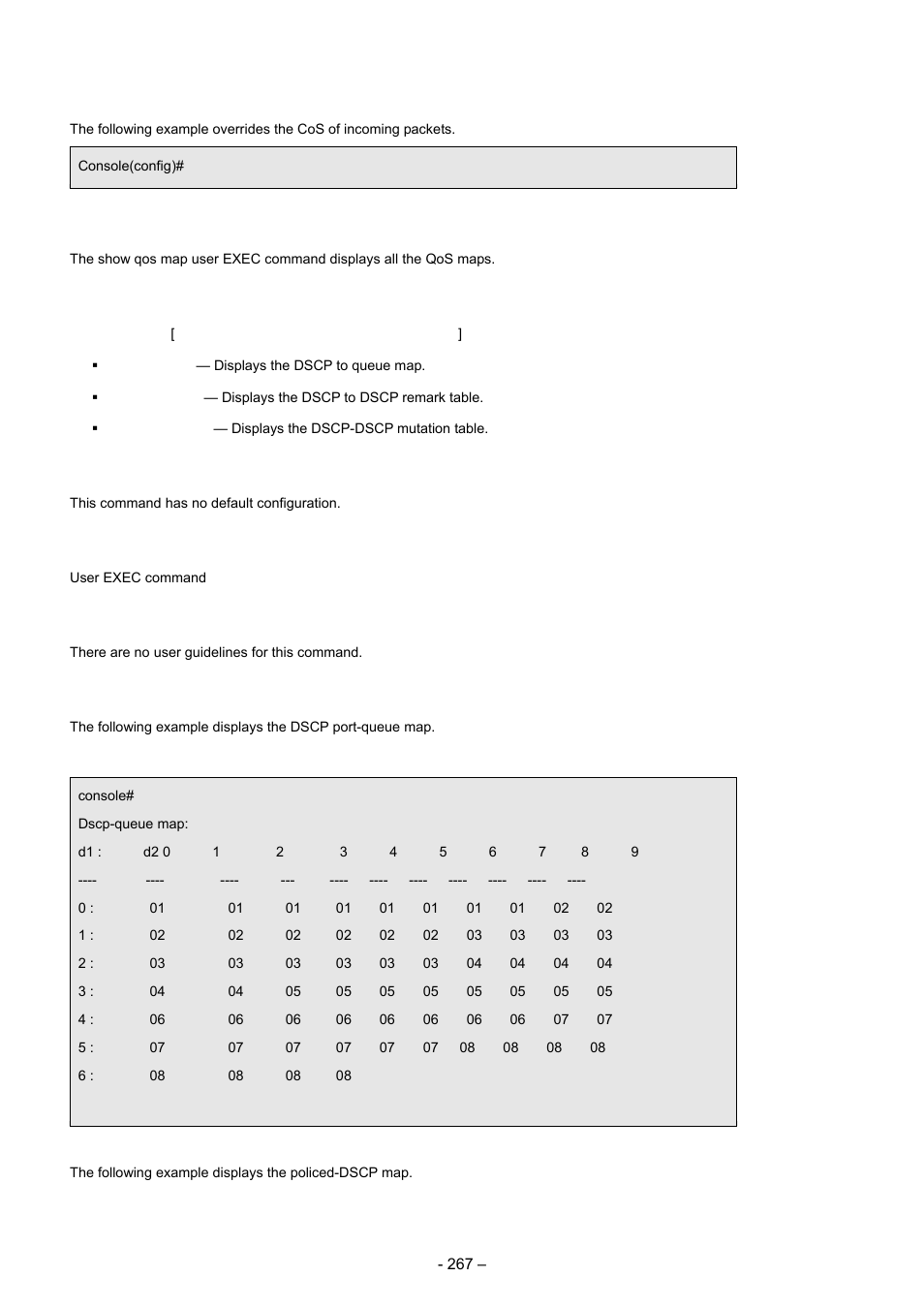 12 show qos map, Example, Syntax | Default configuration, Command mode, User guidelines | Planet Technology WGSD-8000 User Manual | Page 267 / 382