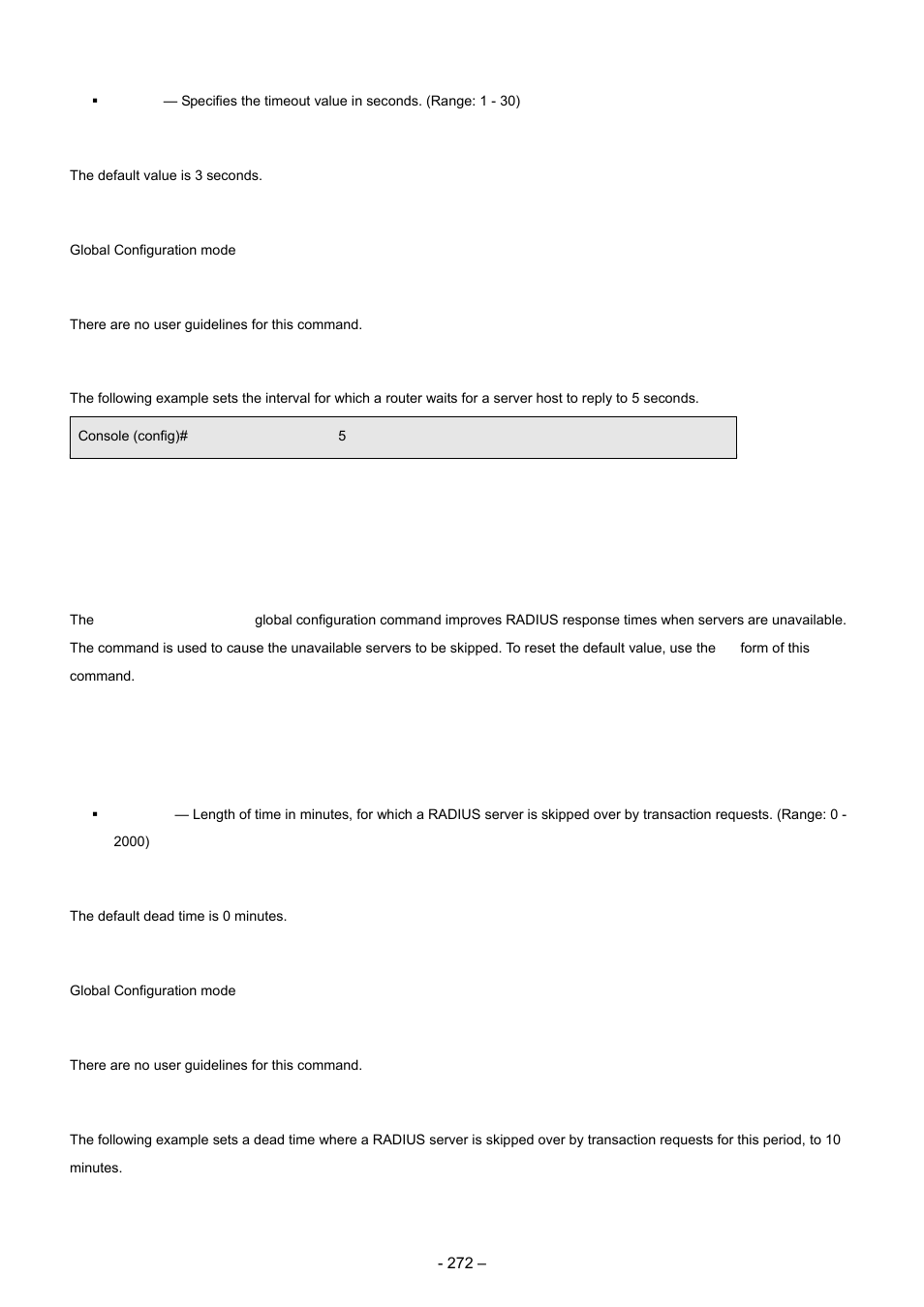 6 radius-server deadtime, Default configuration, Command mode | User guidelines, Example, Syntax | Planet Technology WGSD-8000 User Manual | Page 272 / 382