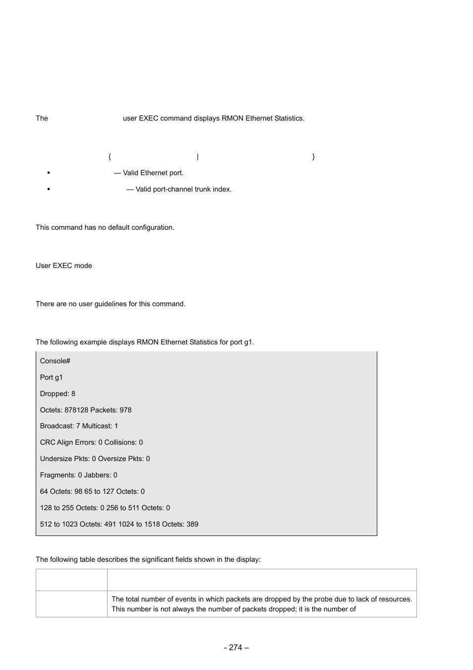 19 rmon commands, 1 show rmon statistics, Syntax | Default configuration, Command mode, User guidelines, Example | Planet Technology WGSD-8000 User Manual | Page 274 / 382