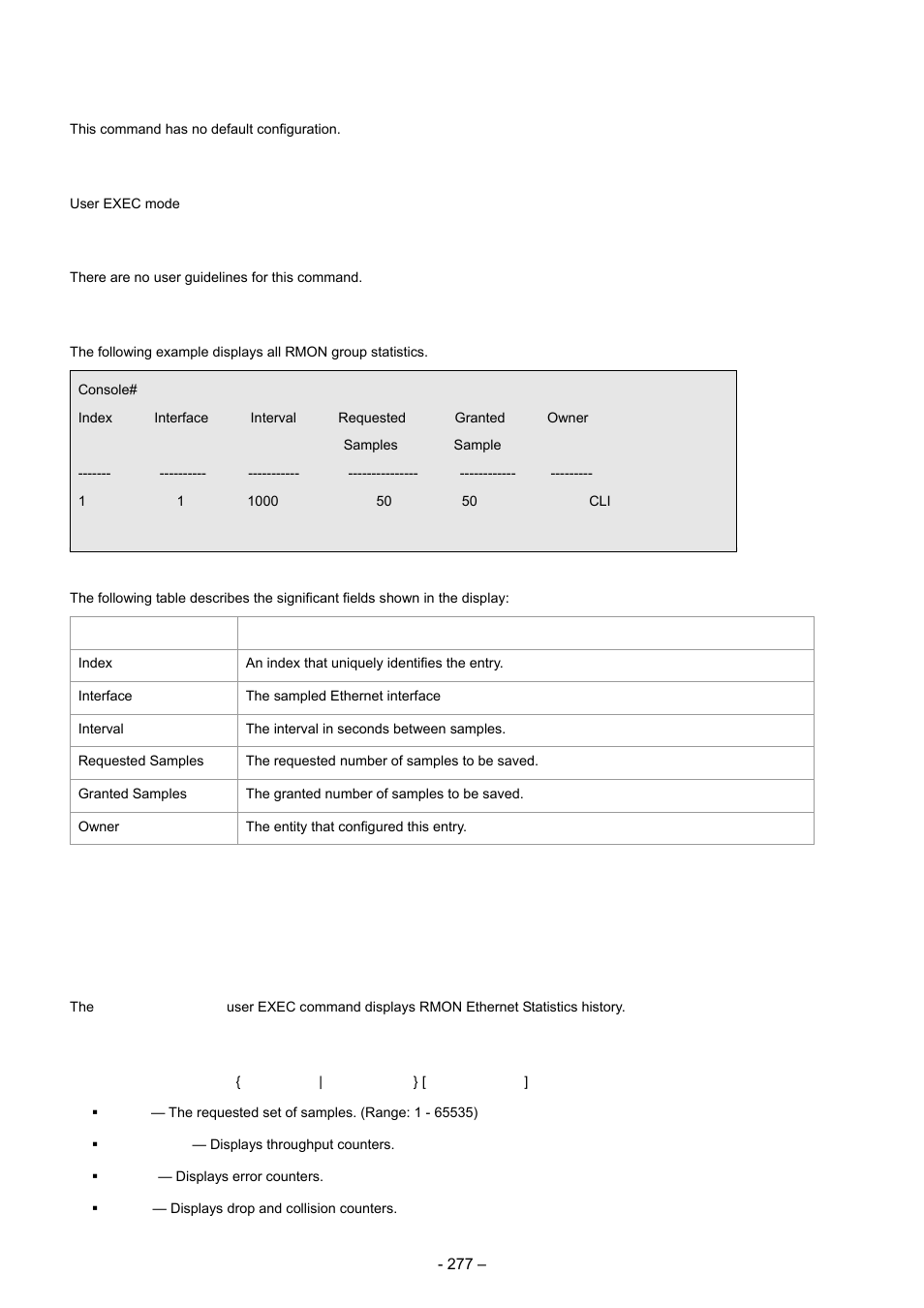 4 show rmon history, Default configuration, Command mode | User guidelines, Example, Syntax | Planet Technology WGSD-8000 User Manual | Page 277 / 382