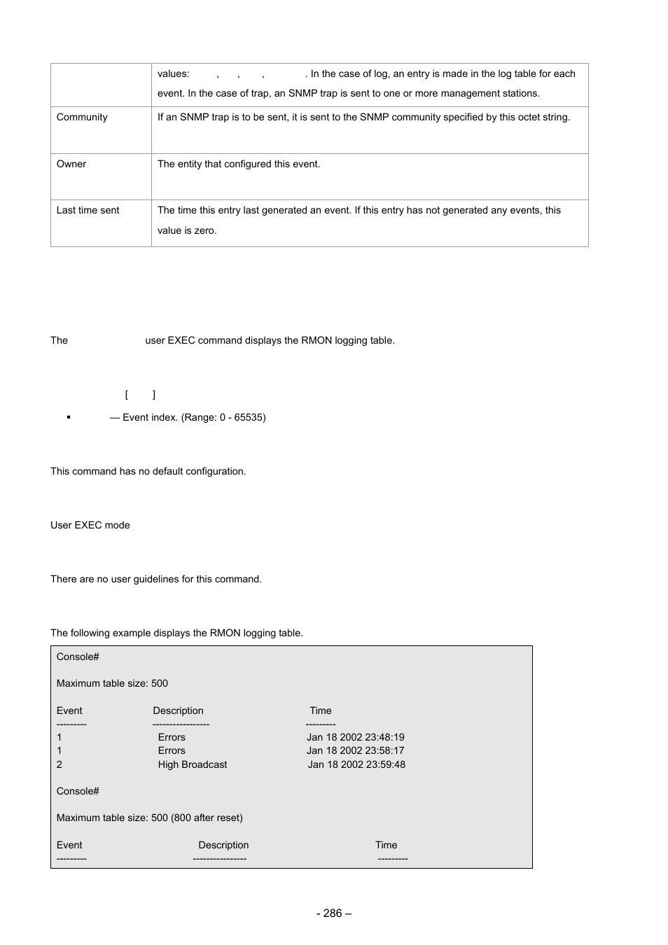 10 show rmon log, Syntax, Default configuration | Command mode, User guidelines, Example | Planet Technology WGSD-8000 User Manual | Page 286 / 382