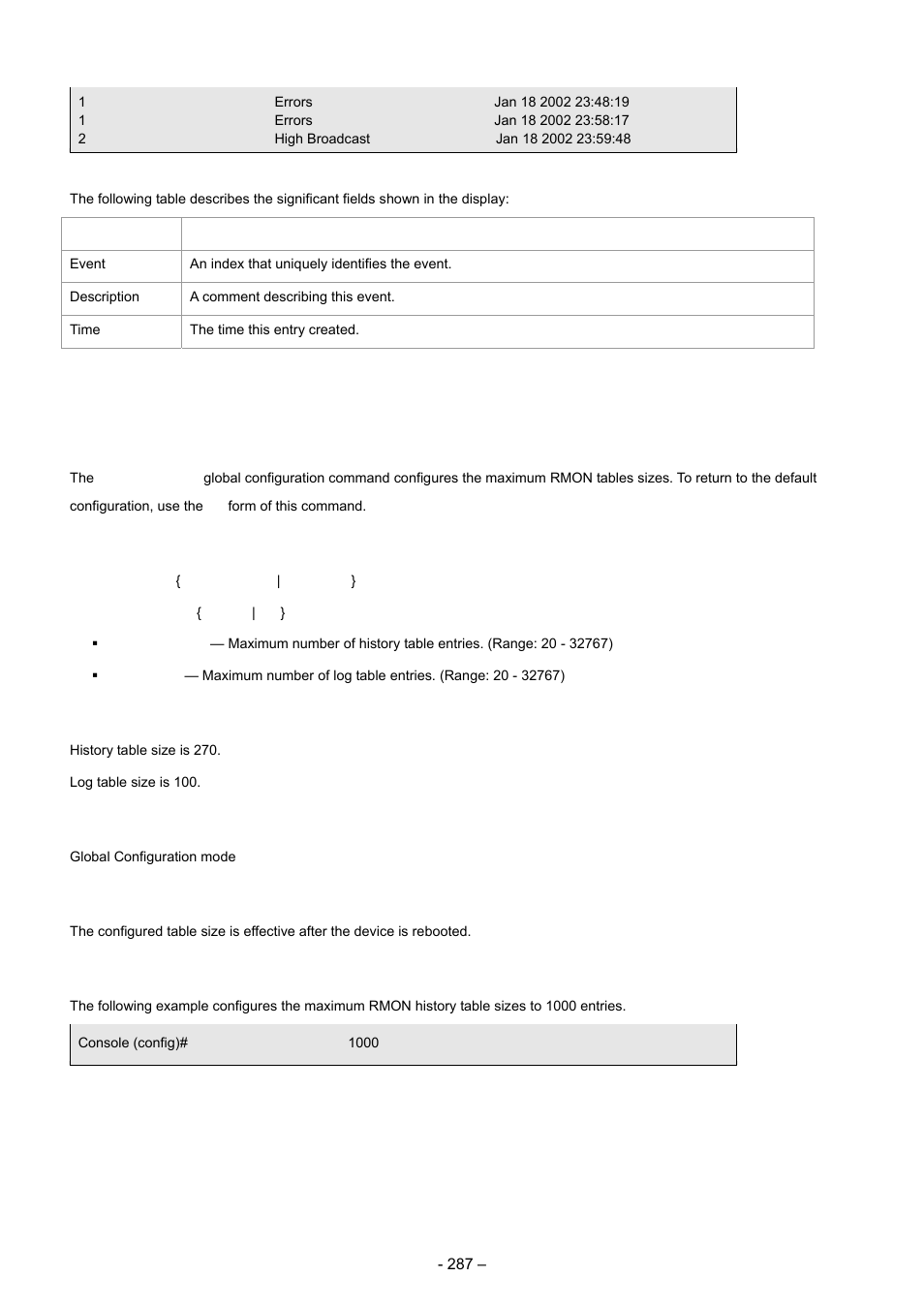 11 rmon table-size, Syntax, Default configuration | Command mode, User guidelines, Example | Planet Technology WGSD-8000 User Manual | Page 287 / 382