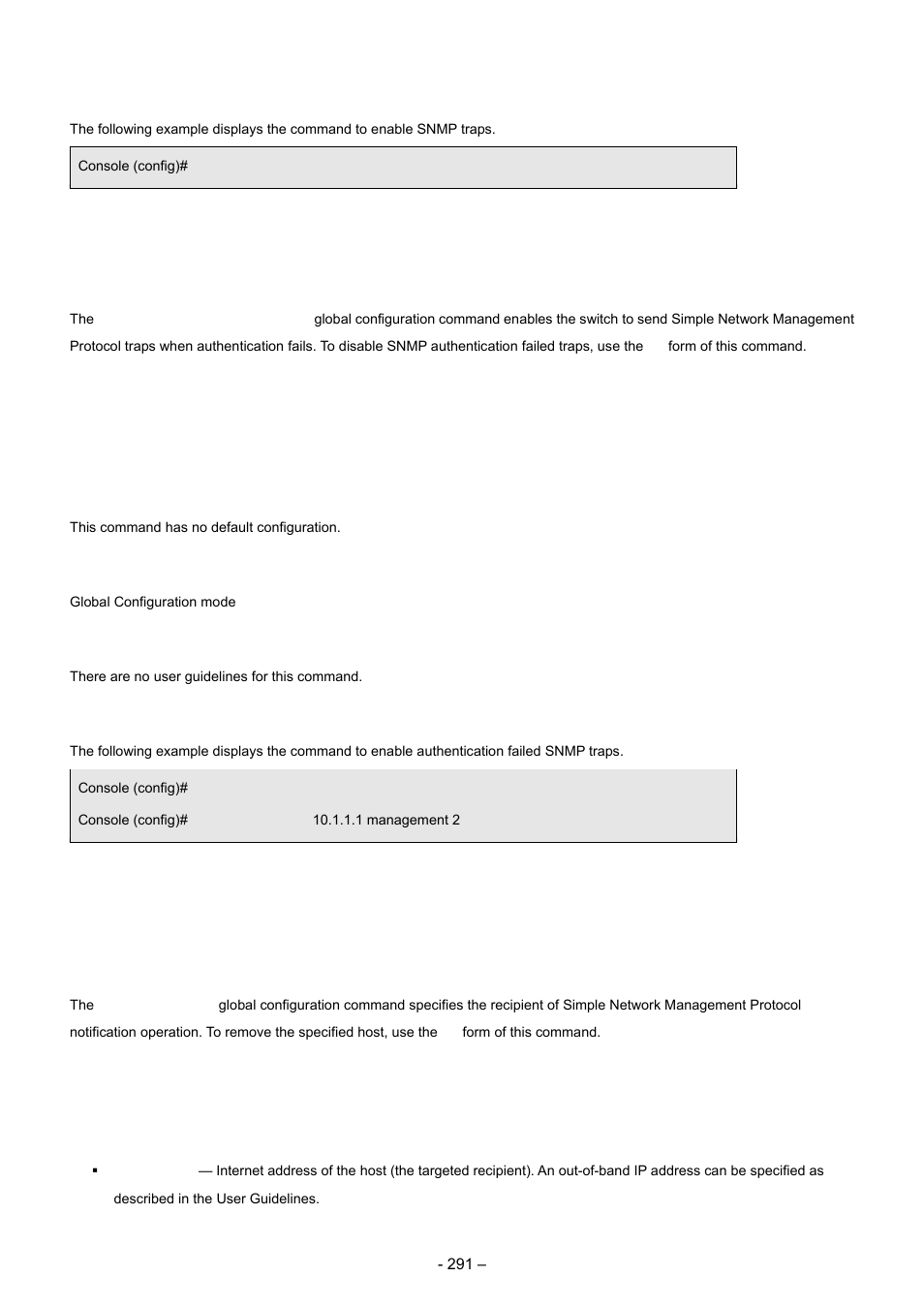 5 snmp-server trap authentication, 6 snmp-server host, Examples | Syntax, Default configuration, Command mode, User guidelines | Planet Technology WGSD-8000 User Manual | Page 291 / 382