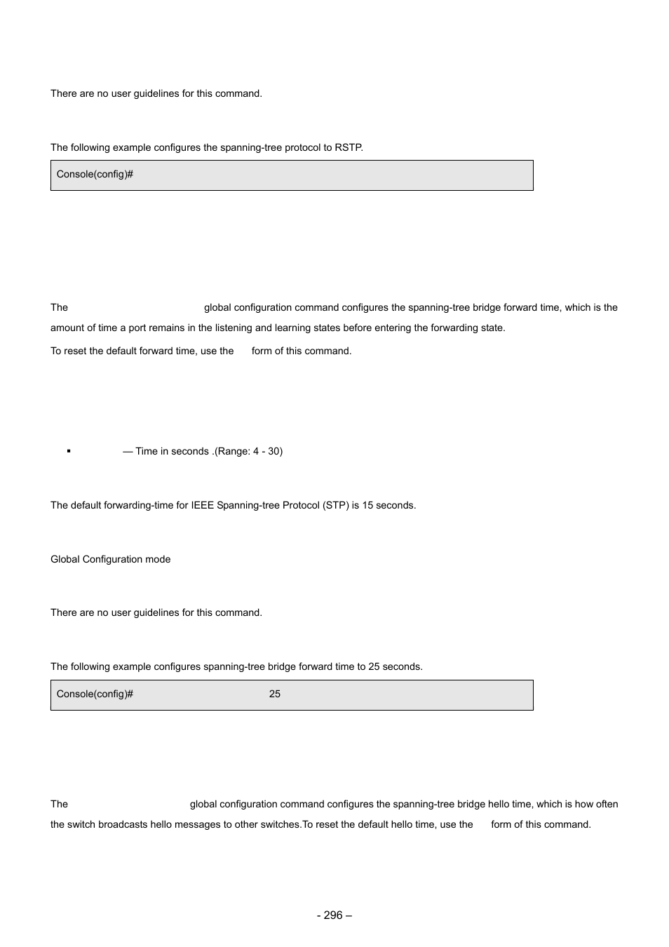 3 spanning-tree forward-time, 4 spanning-tree hello-time, User guidelines | Example, Syntax, Default configuration, Command modes | Planet Technology WGSD-8000 User Manual | Page 296 / 382