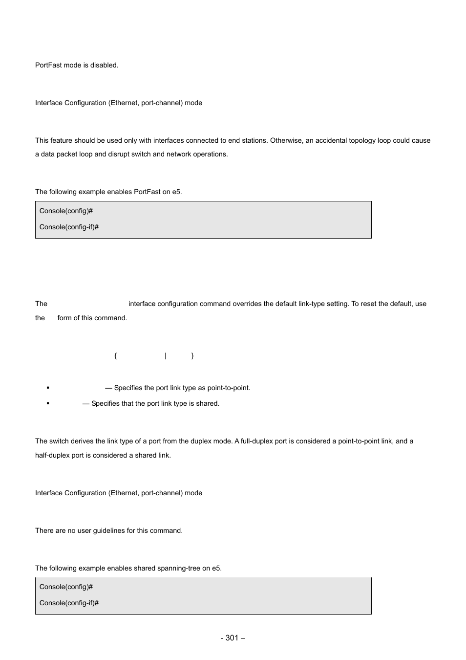 11 spanning-tree link-type, Default configuration, Command modes | User guidelines, Example, Syntax | Planet Technology WGSD-8000 User Manual | Page 301 / 382