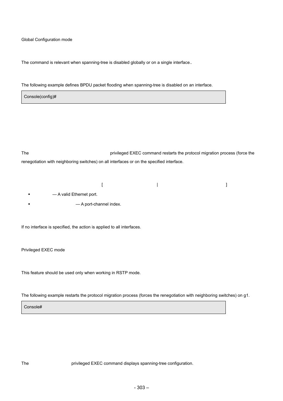 14 clear spanning-tree detected-protocols, 15 show spanning-tree, Command modes | User guidelines, Example, Syntax, Default configuration | Planet Technology WGSD-8000 User Manual | Page 303 / 382