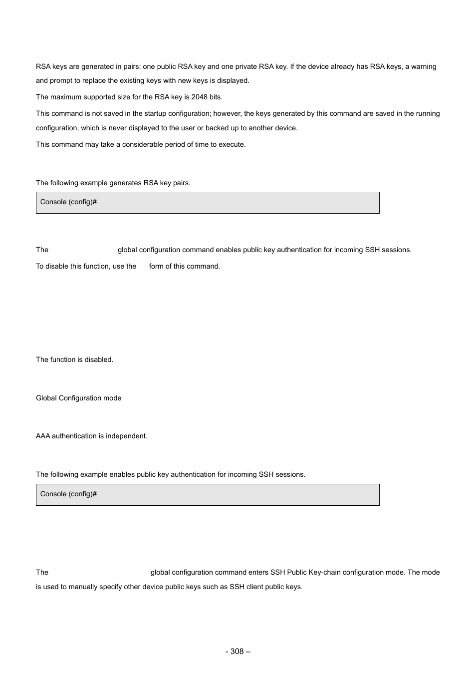 5 ip ssh pubkey-auth, 6 crypto key pubkey-chain ssh, User guidelines | Example, Syntax, Default configuration, Command mode | Planet Technology WGSD-8000 User Manual | Page 308 / 382