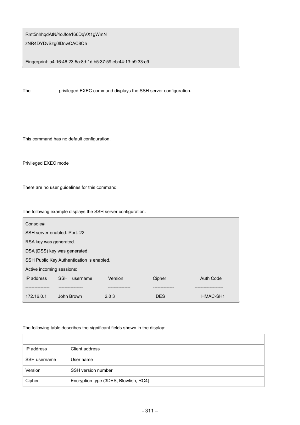 9 show ip ssh, Syntax, Default configuration | Command mode, User guidelines, Example | Planet Technology WGSD-8000 User Manual | Page 311 / 382