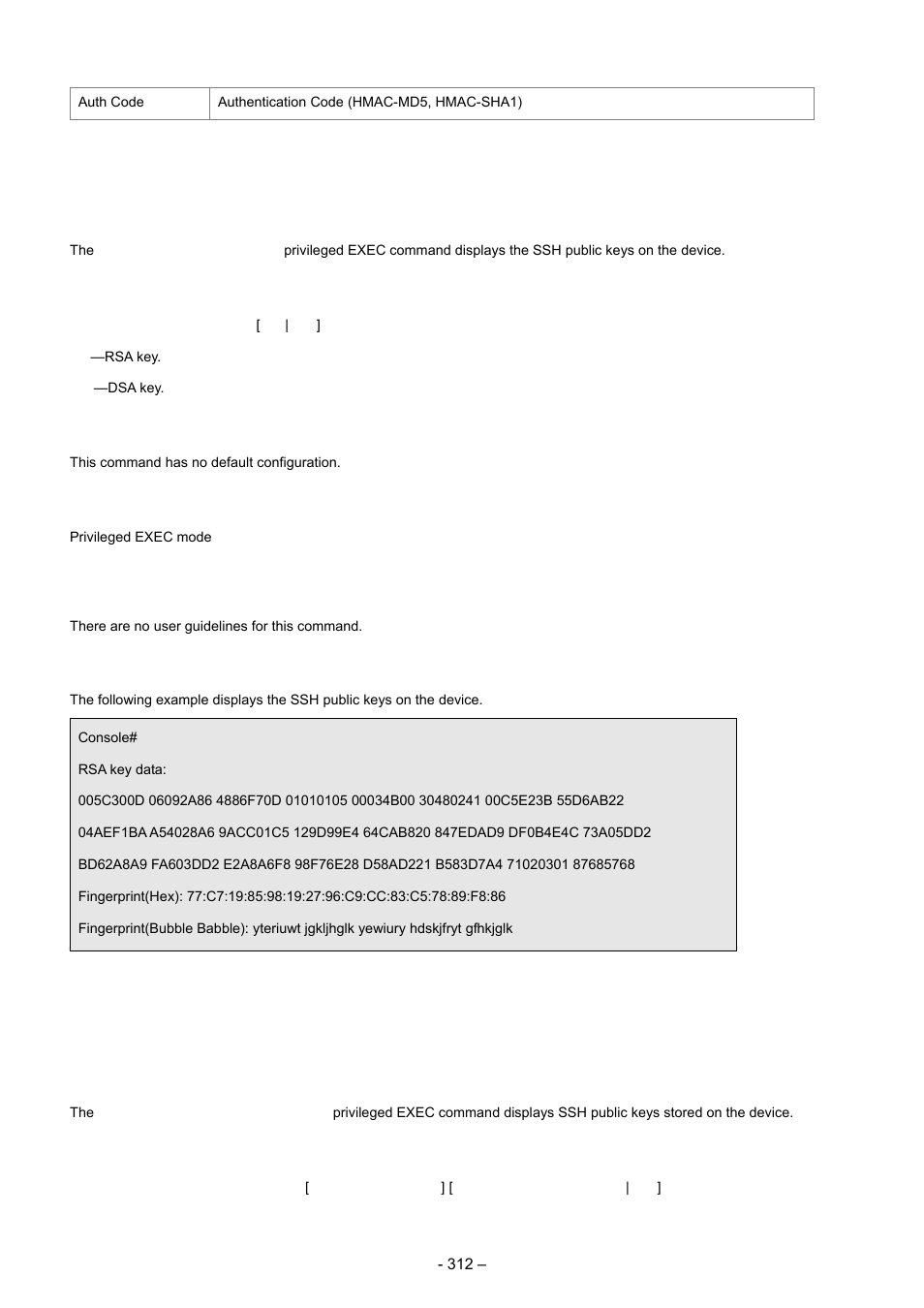10 show crypto key mypubkey, 11 show crypto key pubkey-chain ssh, Syntax | Default configuration, Command mode, User guidelines, Example | Planet Technology WGSD-8000 User Manual | Page 312 / 382