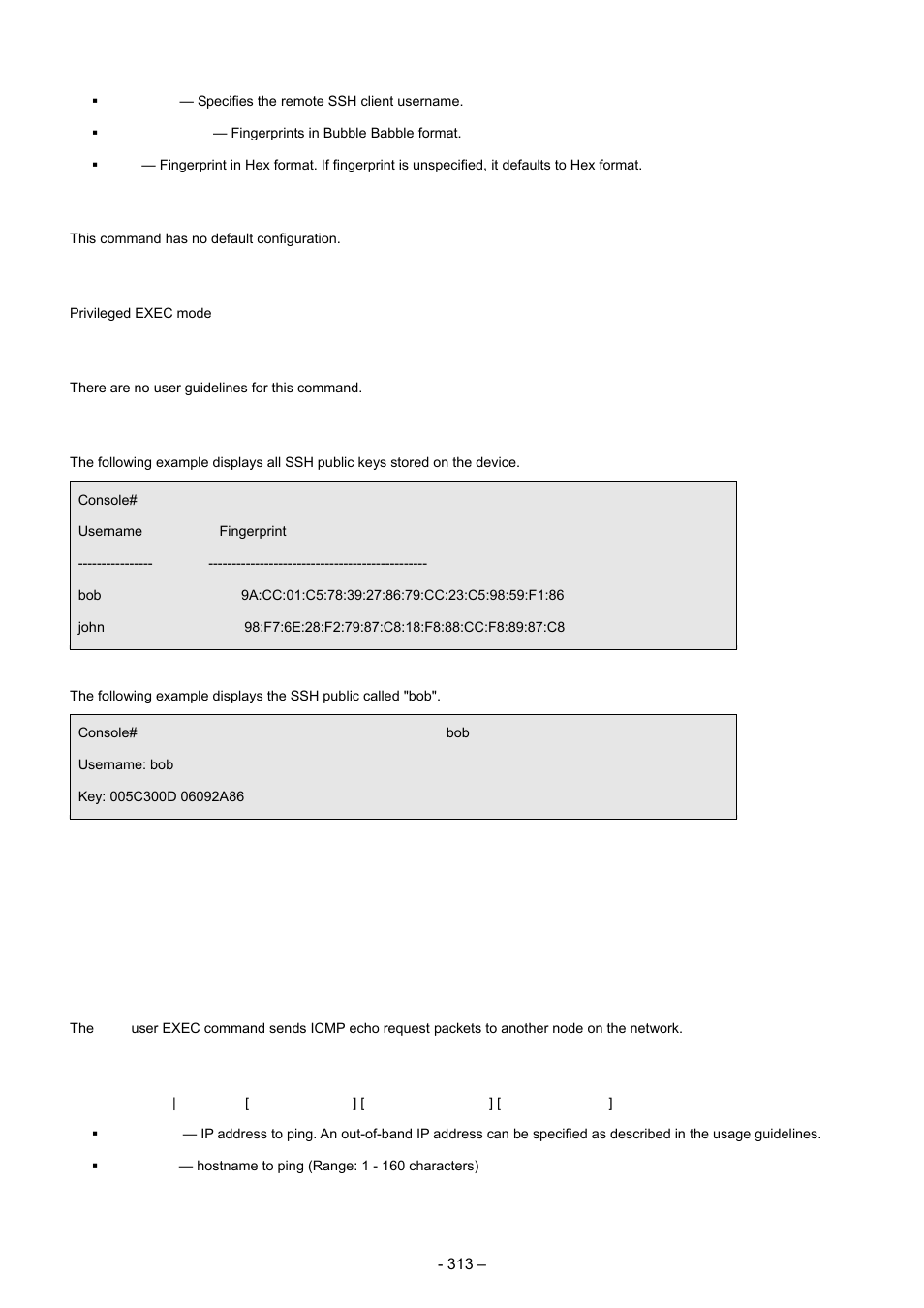 23 system management, 1 ping, Default configuration | Command mode, User guidelines, Examples, Syntax | Planet Technology WGSD-8000 User Manual | Page 313 / 382