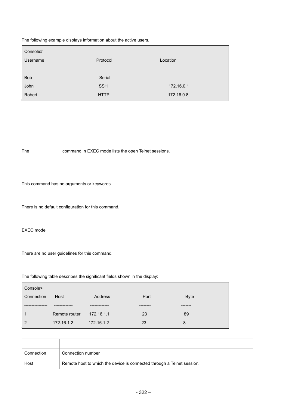 8 show sessions, Example, Syntax | Default configuration, Command mode, User guidelines, Examples | Planet Technology WGSD-8000 User Manual | Page 322 / 382