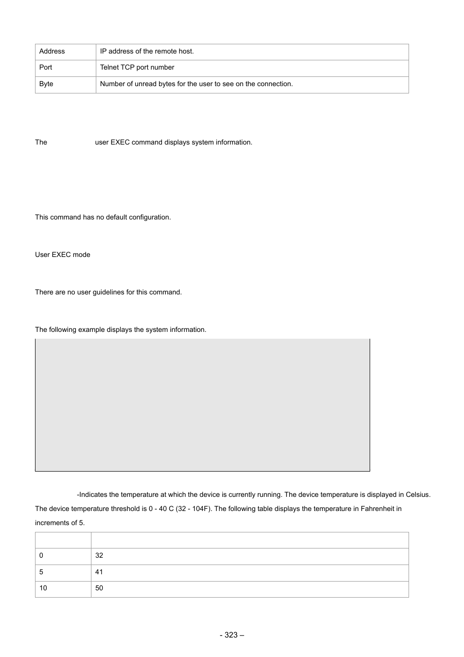 9 show system, Syntax, Default configuration | Command mode, User guidelines, Example | Planet Technology WGSD-8000 User Manual | Page 323 / 382