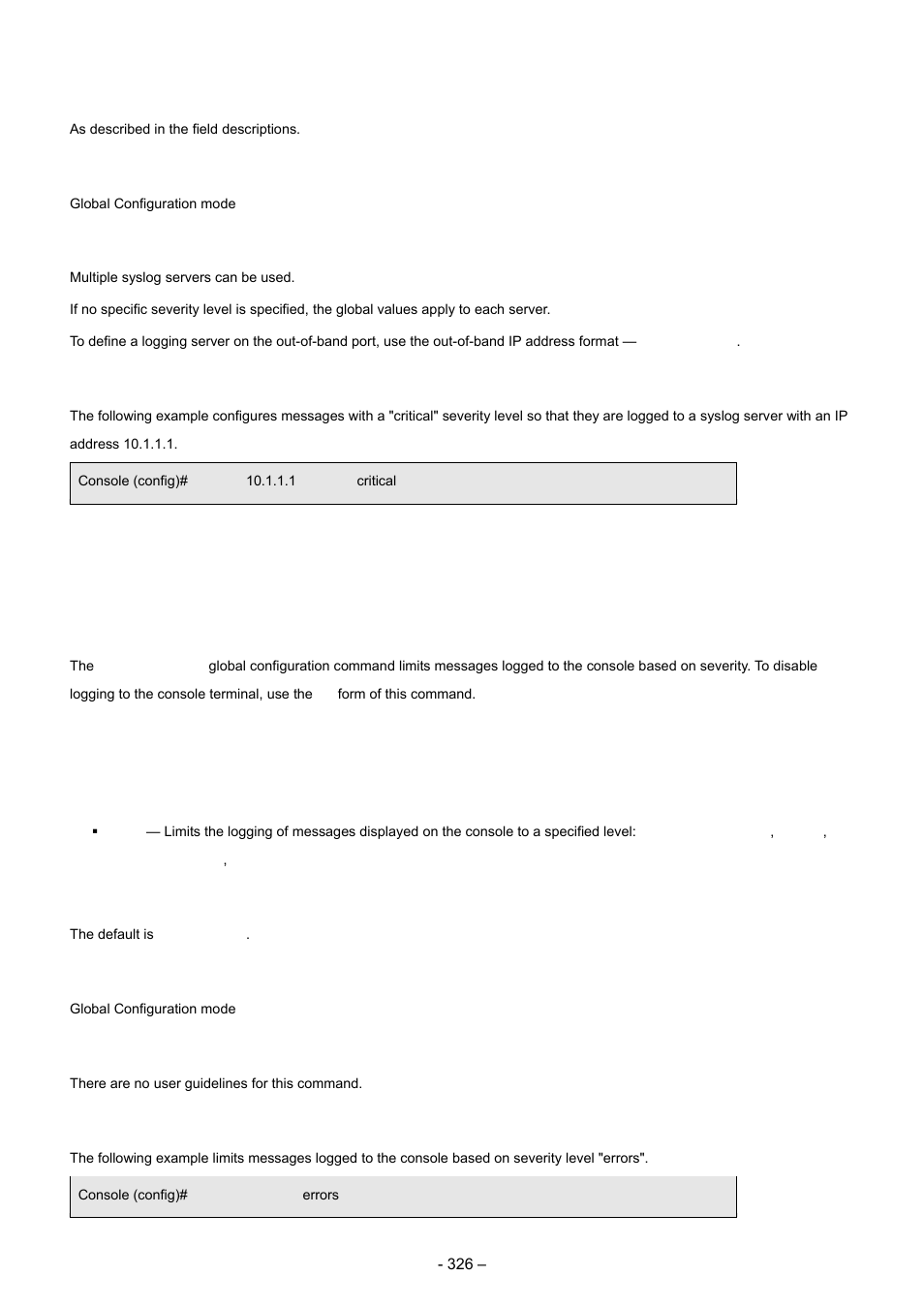 3 logging console, Default configuration, Command mode | User guidelines, Example, Syntax | Planet Technology WGSD-8000 User Manual | Page 326 / 382
