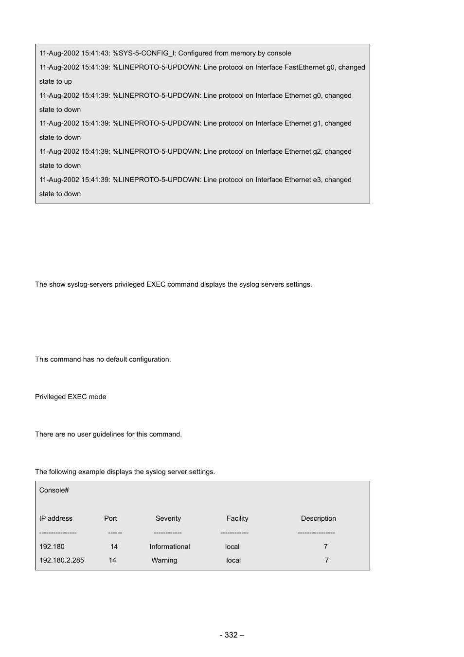 11 show syslog-servers, Syntax, Default configuration | Command mode, User guidelines, Example | Planet Technology WGSD-8000 User Manual | Page 332 / 382