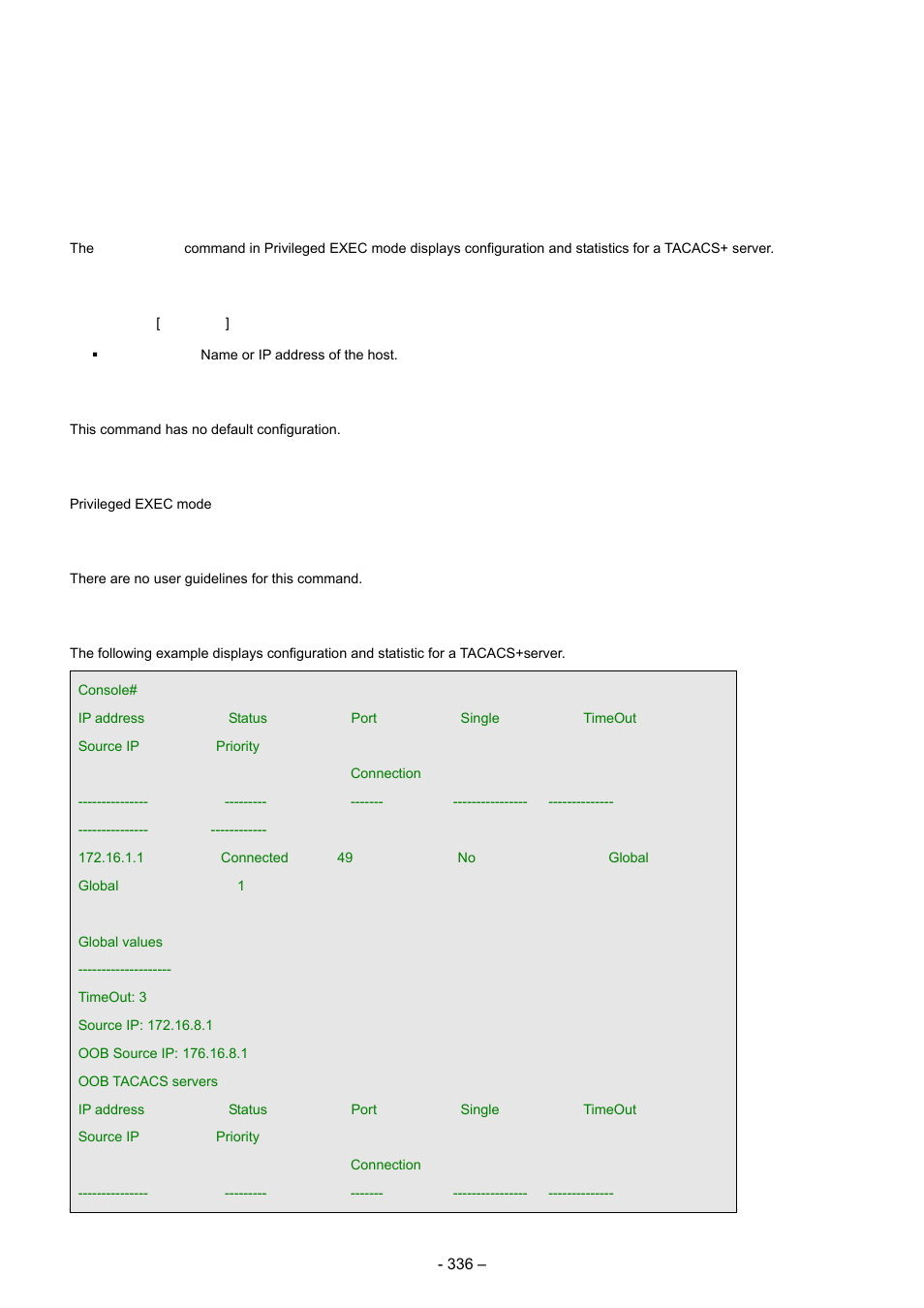 5 show tacacs, 26 user interface commands, Syntax | Default configuration, Command mode, User guidelines, Examples | Planet Technology WGSD-8000 User Manual | Page 336 / 382