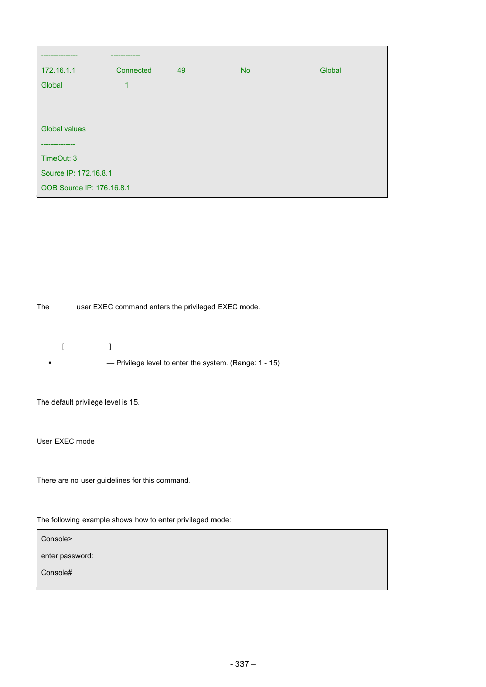 1 enable, 26 user interface commands, Syntax | Default configuration, Command mode, User guidelines, Example | Planet Technology WGSD-8000 User Manual | Page 337 / 382