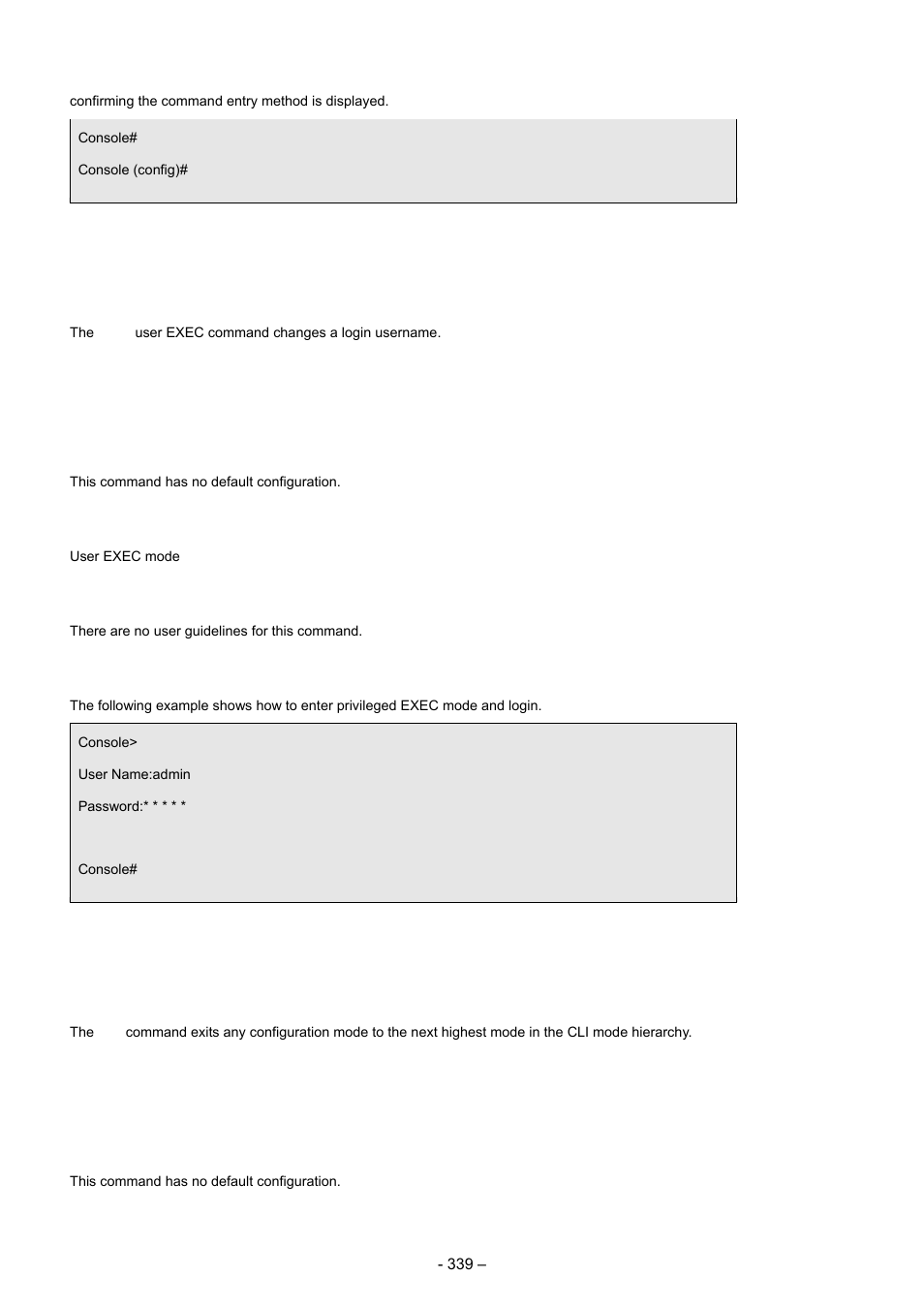 4 login, 5 exit(configuration), Syntax | Default configuration, Command mode, User guidelines, Example | Planet Technology WGSD-8000 User Manual | Page 339 / 382