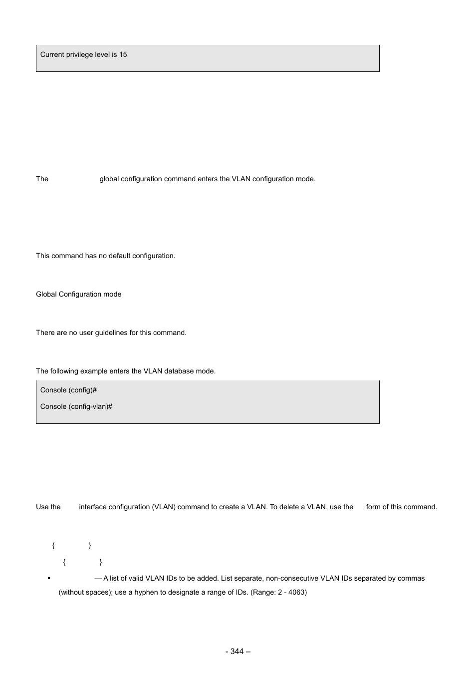 1 vlan database, 2 vlan, 27 vlan commands | Syntax, Default configuration, Command mode, User guidelines, Example | Planet Technology WGSD-8000 User Manual | Page 344 / 382