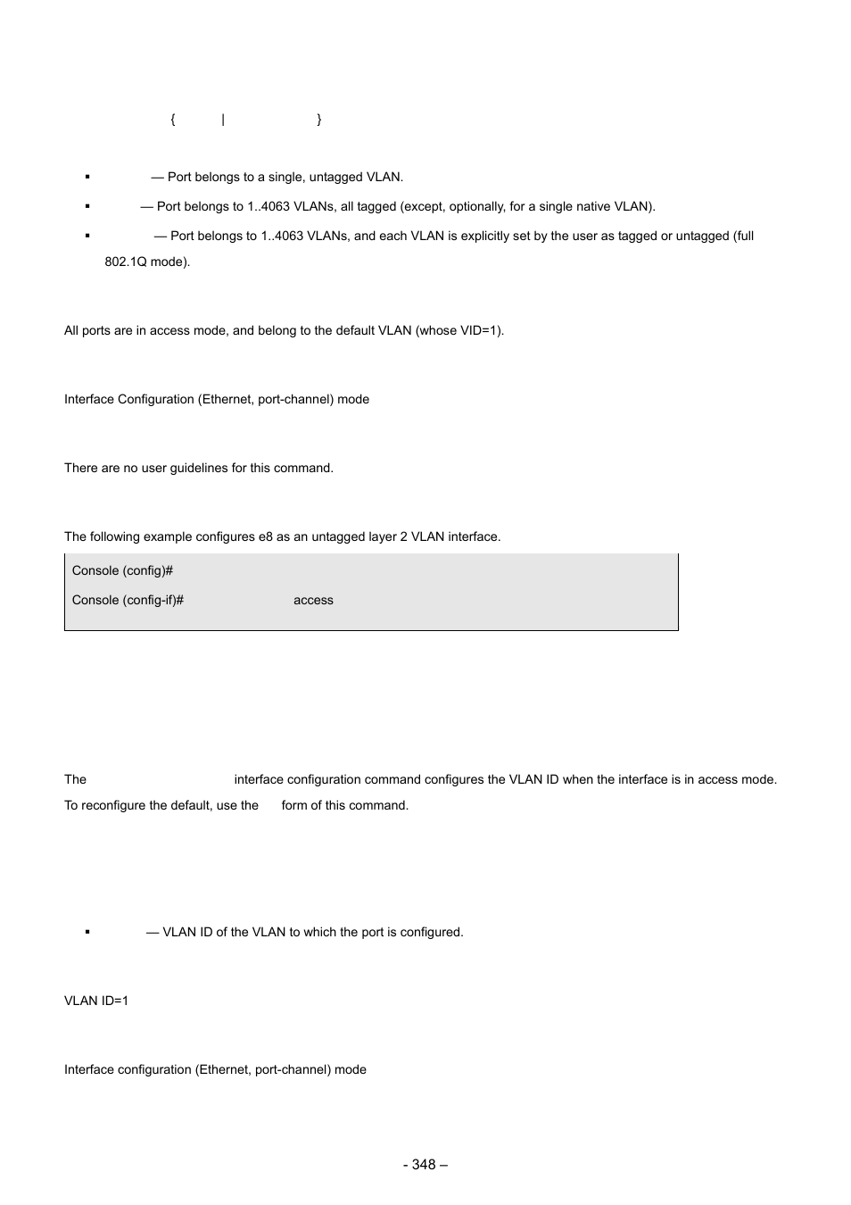 8 switchport access vlan, Syntax, Default configuration | Command mode, User guidelines, Example | Planet Technology WGSD-8000 User Manual | Page 348 / 382