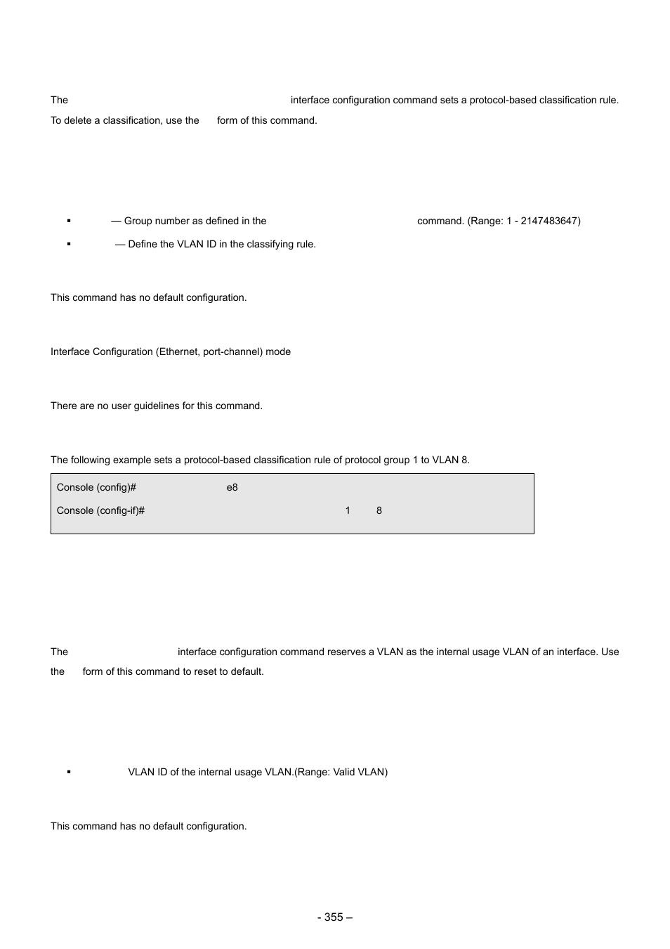 17 switchport general map protocols-group vlan, 18 ip internal-usage-vlan, Syntax | Default configuration, Command mode, User guidelines, Example | Planet Technology WGSD-8000 User Manual | Page 355 / 382